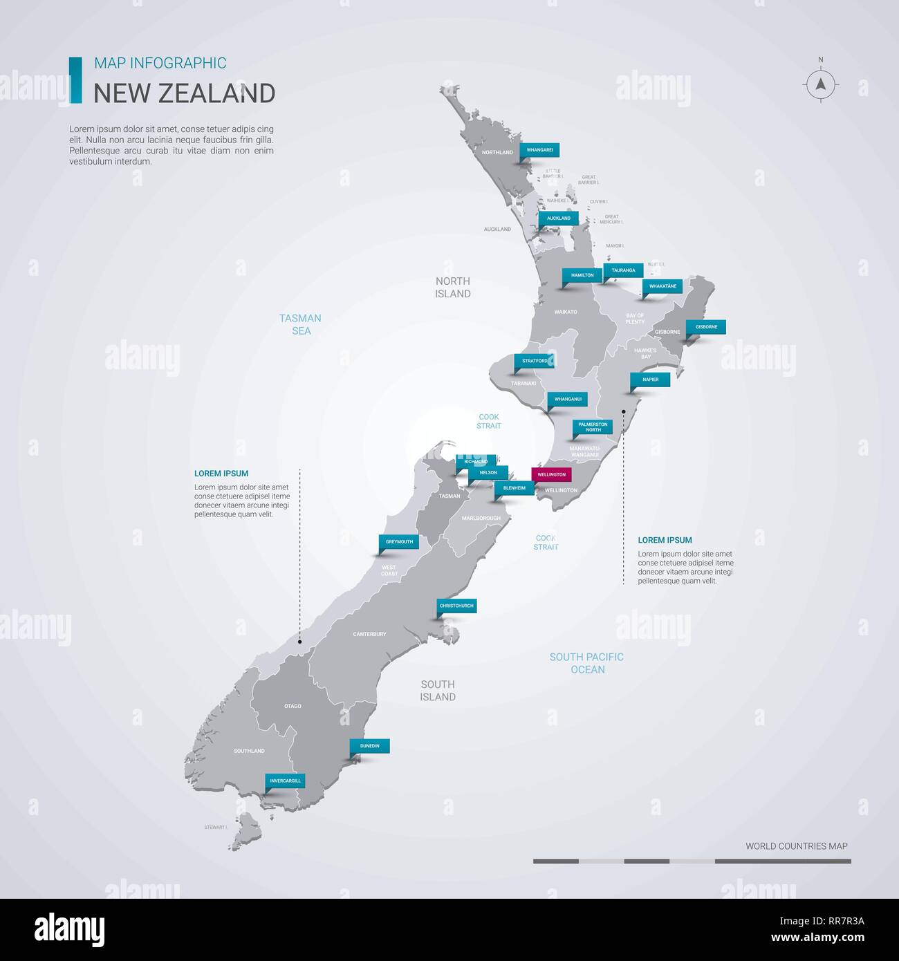 Neuseeland Vektorkarte mit infografik Elemente, Zeiger markiert