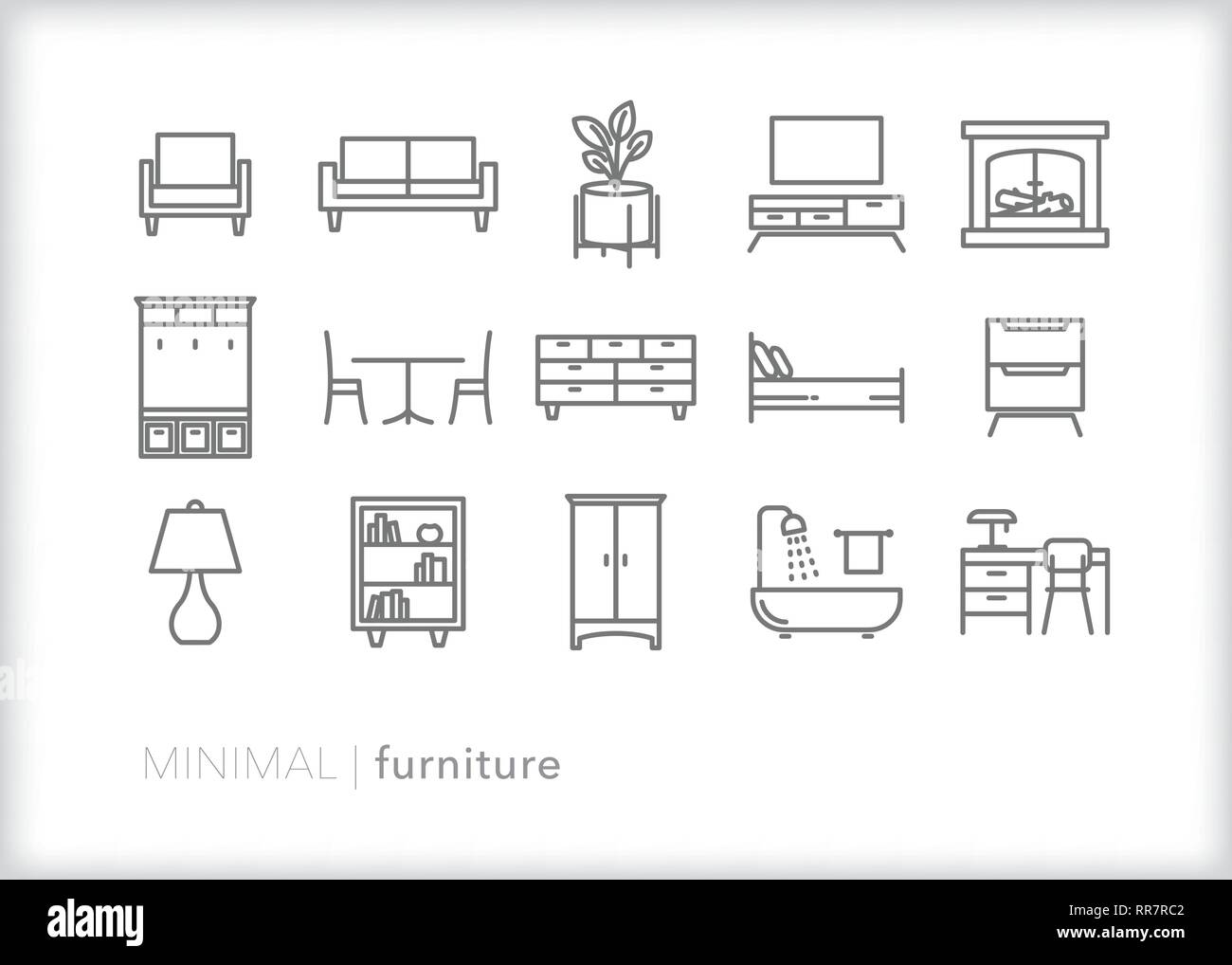 Satz von 15 Haus Möbel Zeile für Symbole für Schlafzimmer, Wohnzimmer, Arbeitszimmer und ein Bad in einem modernen Stil Stock Vektor