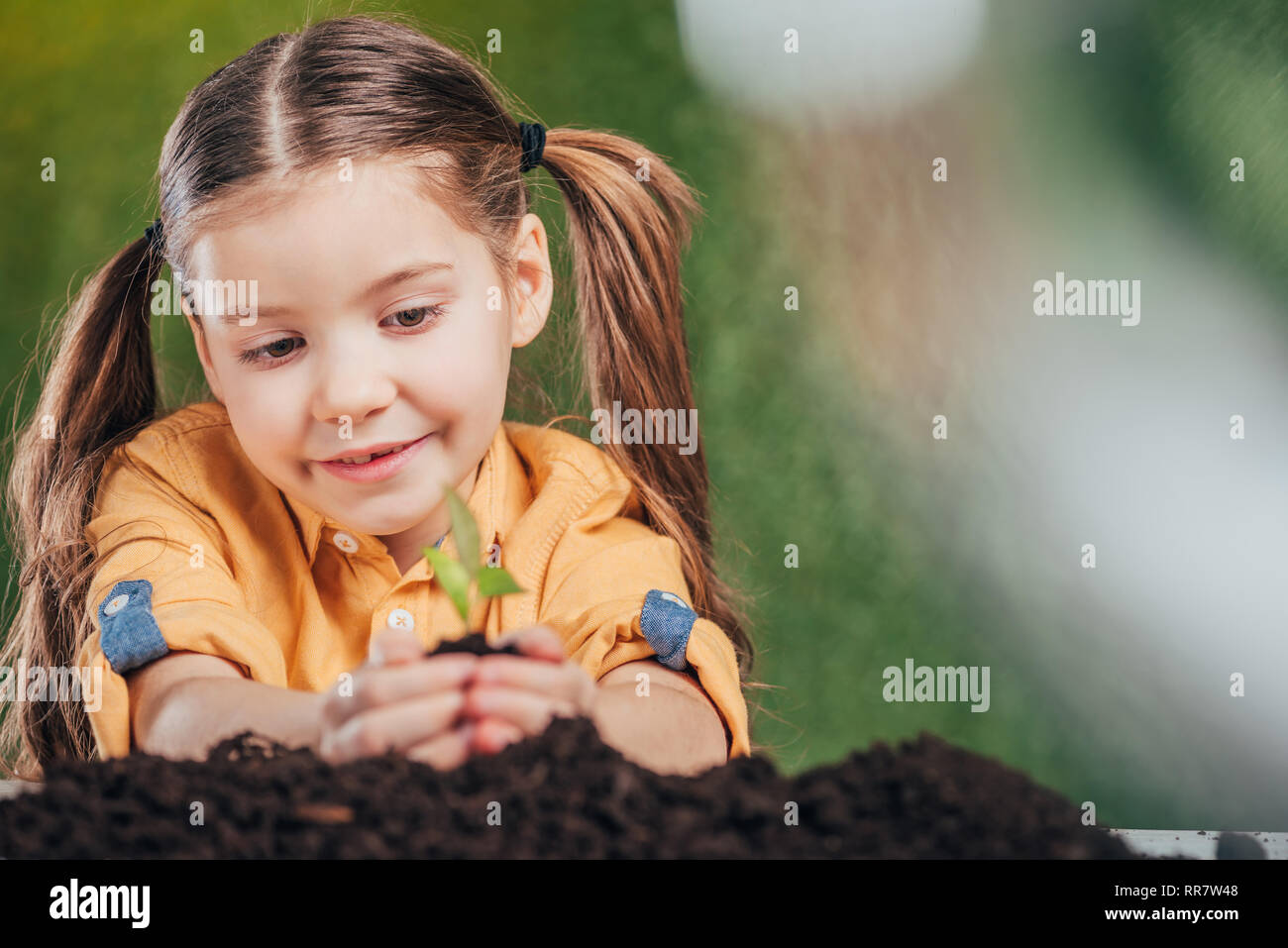 Selektiver Fokus Kind einpflanzen junge Pflanze auf unscharfen Hintergrund, Tag der Erde Konzept Stockfoto