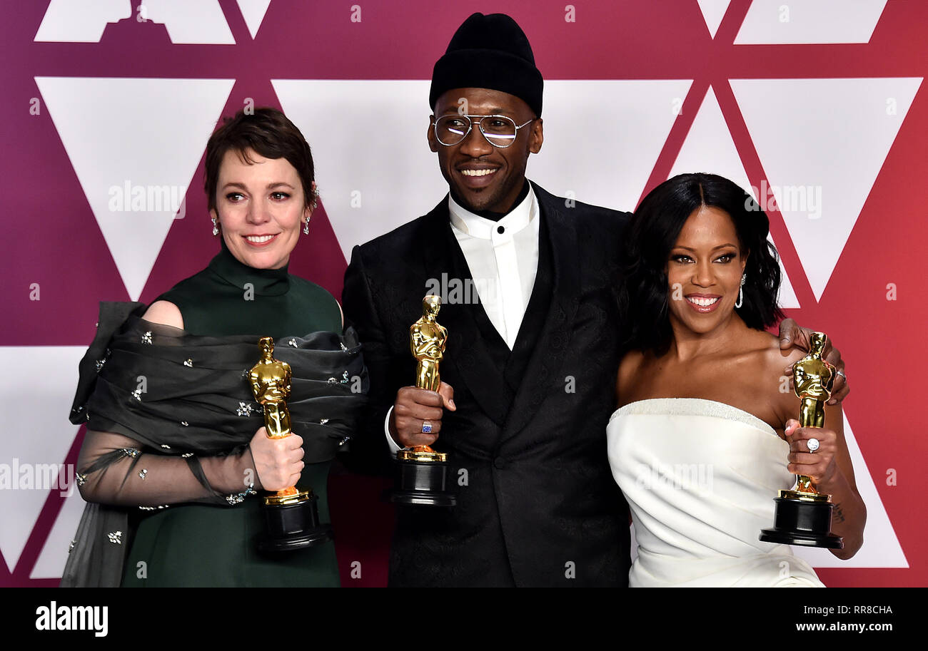 Olivia Colman, Mahershala Ali und Regina König in der Presse an der 91st Academy Awards gehalten an der Dolby Theatre in Hollywood, Los Angeles, USA. Stockfoto