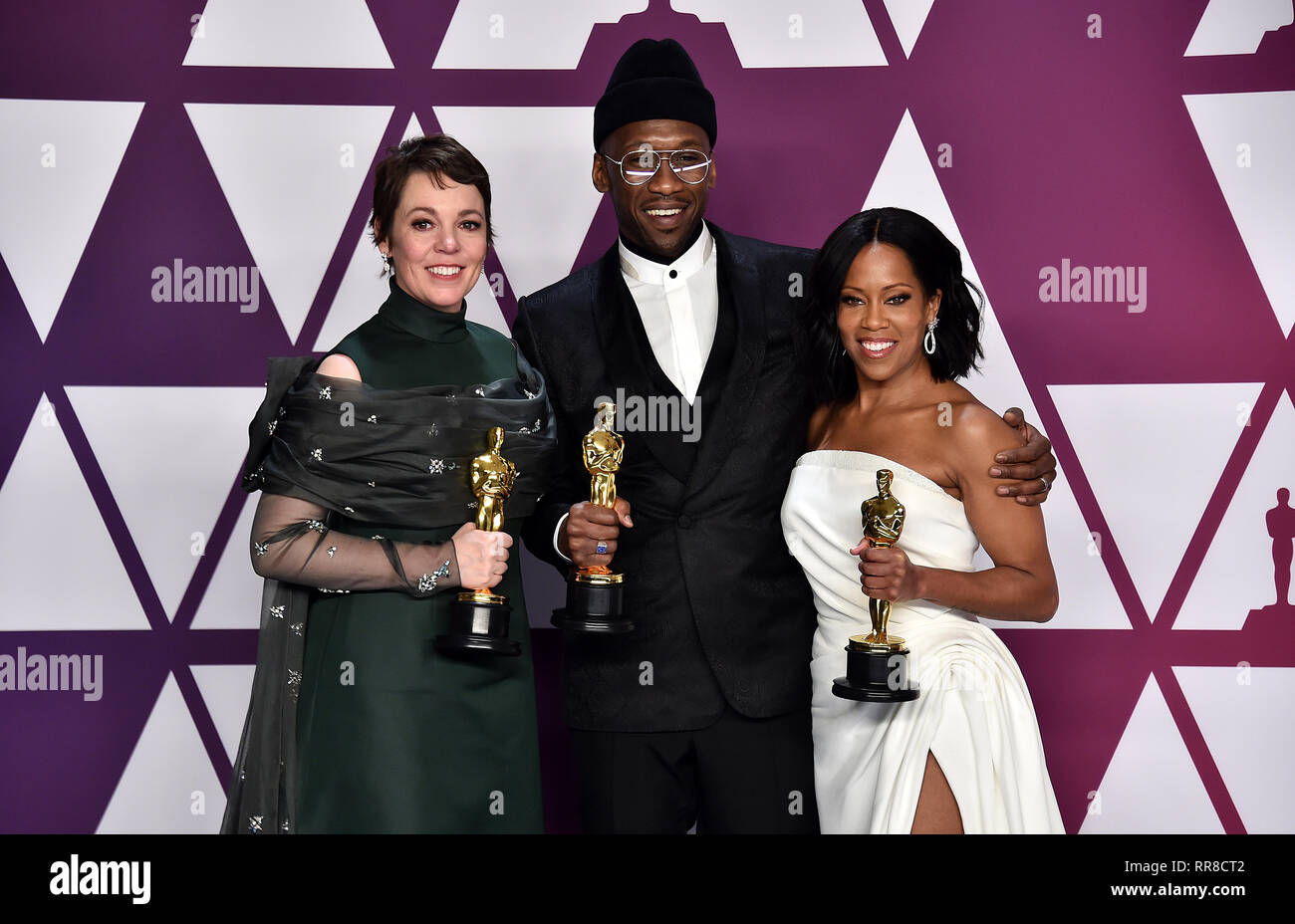 Olivia Colman, Mahershala Ali und Regina König in der Presse an der 91st Academy Awards gehalten an der Dolby Theatre in Hollywood, Los Angeles, USA. Stockfoto
