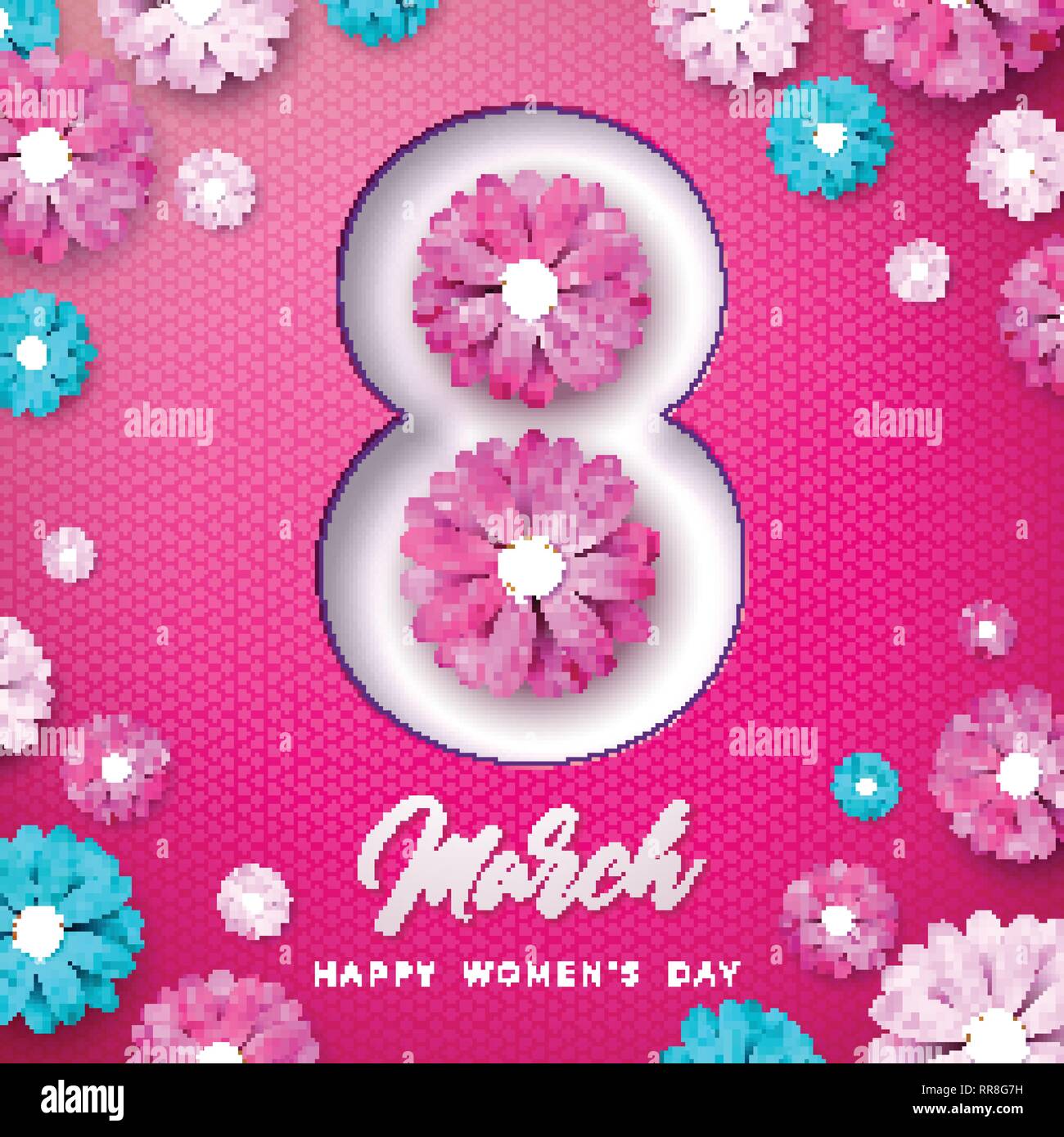8. März. Happy Tag der Frauen Blumen Grußkarte. Internationale Feiertag Illustration mit Blumenmuster auf Rosa Hintergrund. Vektor Frühjahr Vorlage. Stock Vektor