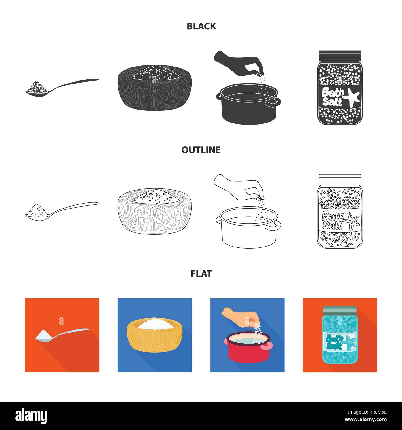 Löffel, Schalen, Tiegel, Flaschen, salzig, Wasser, Handvoll, Gewürze, Badewanne, Hill, arm, Wellness, Pulver, Vintage, weiß, Streuen, Getreide, Mehl, Restaurant, Platte, Container, Reinigen, Kochen, Meer, Natur, Backen, Salz, Nahrungsmittel-, Natrium-, Mineral, Raw, Küche, Set, Vector, Icon, Illustration, isoliert, Sammlung, Design, Element, Grafik, Zeichen, Vektor, Vektoren, Stock Vektor