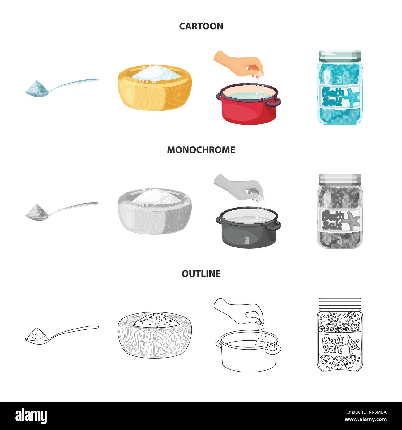 Löffel, Schalen, Tiegel, Flaschen, salzig, Wasser, Handvoll, Gewürze, Badewanne, Hill, arm, Wellness, Pulver, Vintage, weiß, Streuen, Getreide, Mehl, Restaurant, Platte, Container, Reinigen, Kochen, Meer, Natur, Backen, Salz, Nahrungsmittel-, Natrium-, Mineral, Raw, Küche, Set, Vector, Icon, Illustration, isoliert, Sammlung, Design, Element, Grafik, Zeichen, Vektor, Vektoren, Stock Vektor