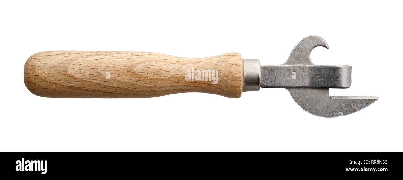 Isolierte Objekte: traditionelle Dosenöffner mit Holz auf weißem  Hintergrund Griff Stockfotografie - Alamy