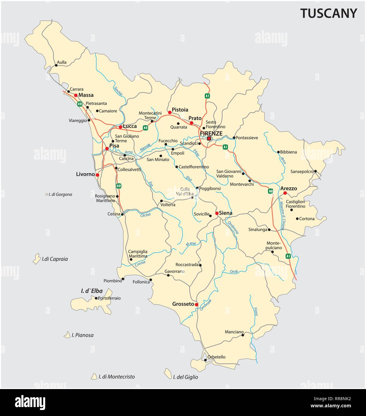 Straße Vektorkarte der italienischen Region Toskana Stock Vektor