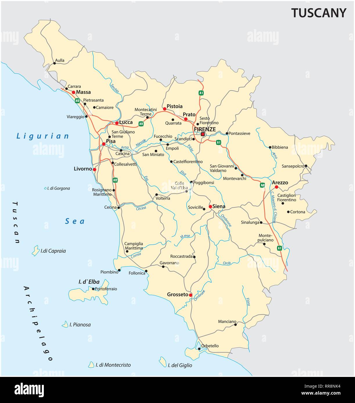 Straße Vektorkarte der italienischen Region Toskana Stock Vektor
