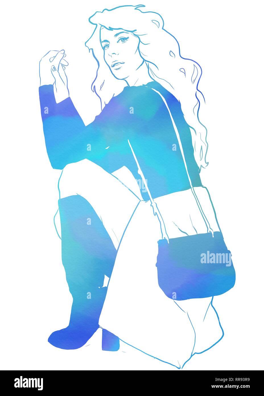 Aquarell Malerei oder Abbildung: Mode Frau oder ein Mädchen mit aktuellen trendigen Look auf Scène Stockfoto