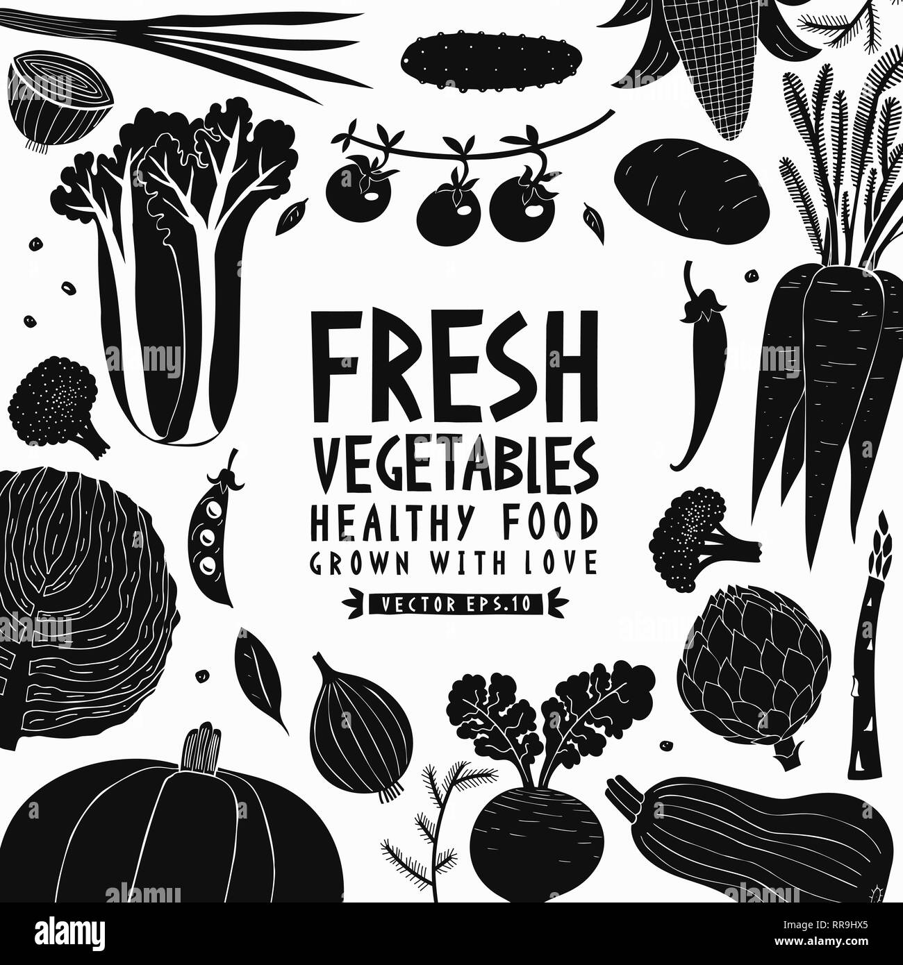 Spaß hand Gemüse gezogen Design vorlage. Schwarze und weiße Grafik. Gemüse  Hintergrund. Linolschnitt Stil. Gesundes Essen. Vector Illustration  Stock-Vektorgrafik - Alamy