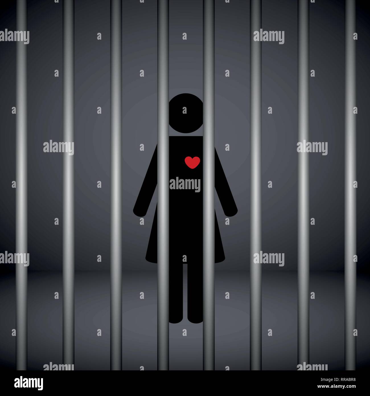 Frau mit roten Herzen im Gefängnis auf dunklem Hintergrund Vektor-illustration EPS 10. Stock Vektor