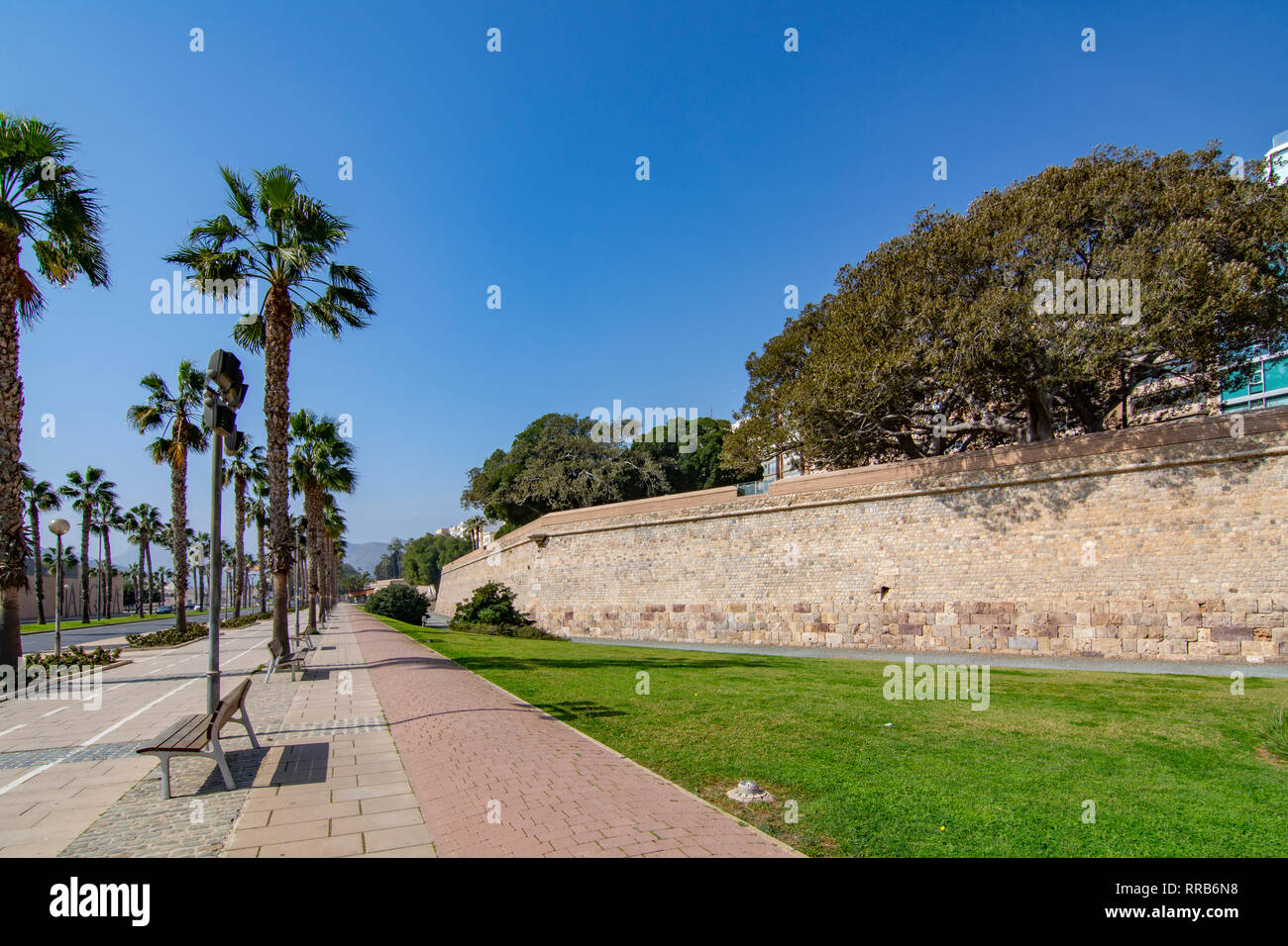 Cartagena, Murcia, Spanien; Februar 2017: Blick auf leere Palmen gesäumten Promenade der antiken Befestigungsanlage von Cartagena, Spanien Stockfoto