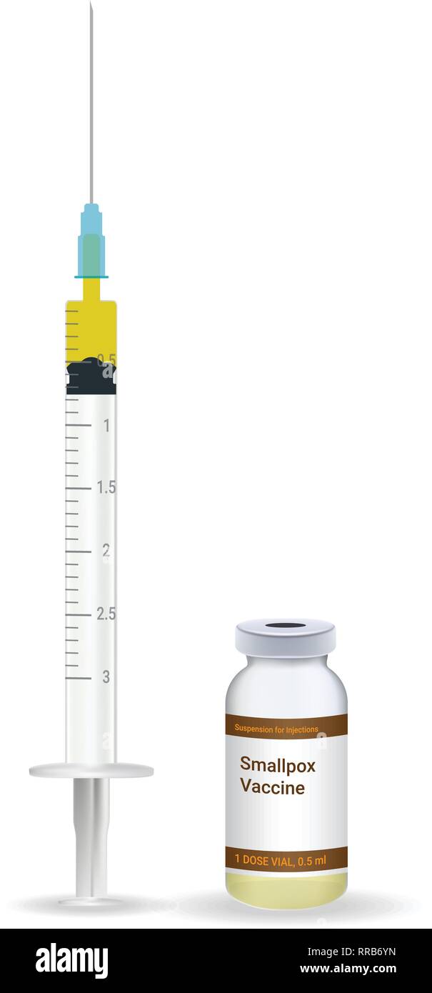 Immunisierung, Pockenimpfstoff Kunststoff medizinische Spritze mit Nadel und Fläschchen isoliert auf einem weißen Hintergrund. Vector Illustration. Stock Vektor