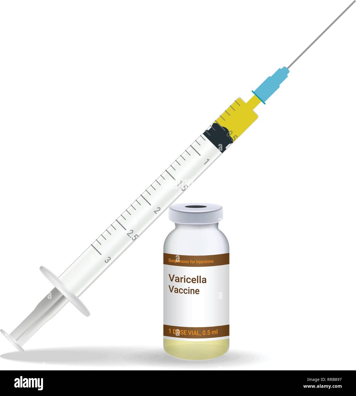 Immunisierung, Varizellen-impfstoff Spritze mit gelben Impfstoff, Durchstechflasche mit Medizin isoliert auf einem weißen Hintergrund. Vector Illustration. Stock Vektor