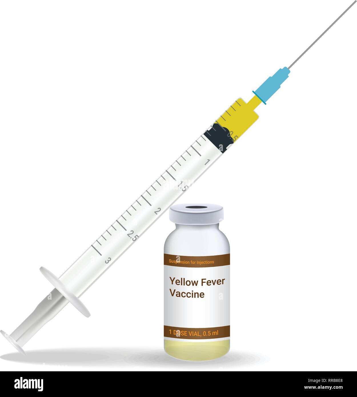 Immunisierung, Gelbfieberimpfung Spritze mit gelben Impfstoff, Durchstechflasche mit Medizin isoliert auf einem weißen Hintergrund. Vector Illustration. Stock Vektor