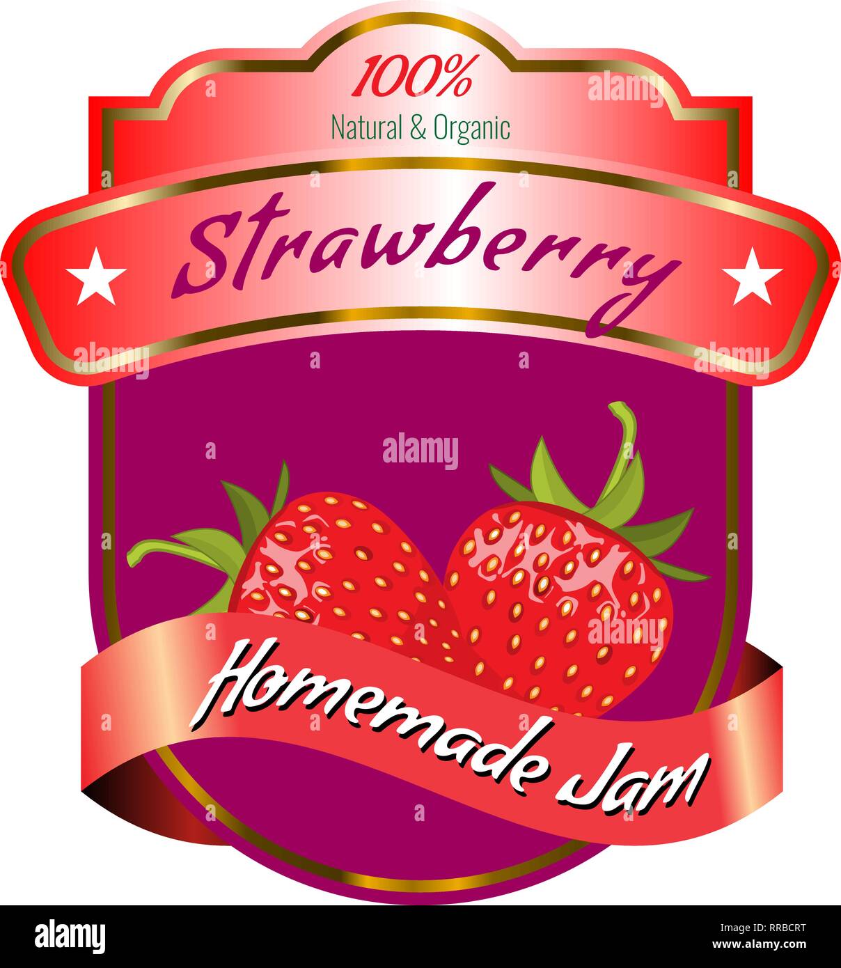 Organische Erdbeere Label Design für Jam-Paket. 3D-Vektor Illustration. Stock Vektor