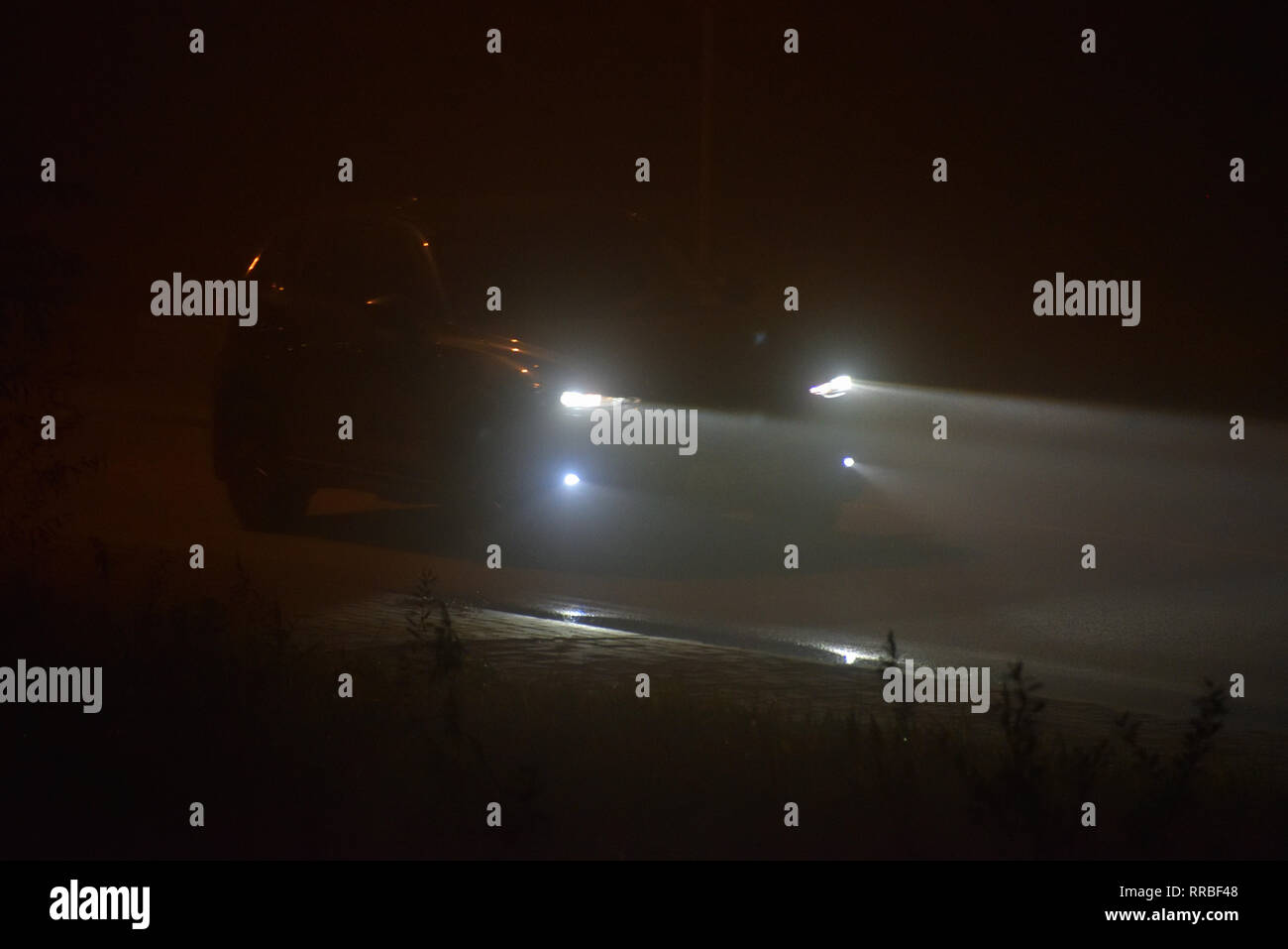 Auto fahren in dichtem Nebel in der Nacht. Stockfoto
