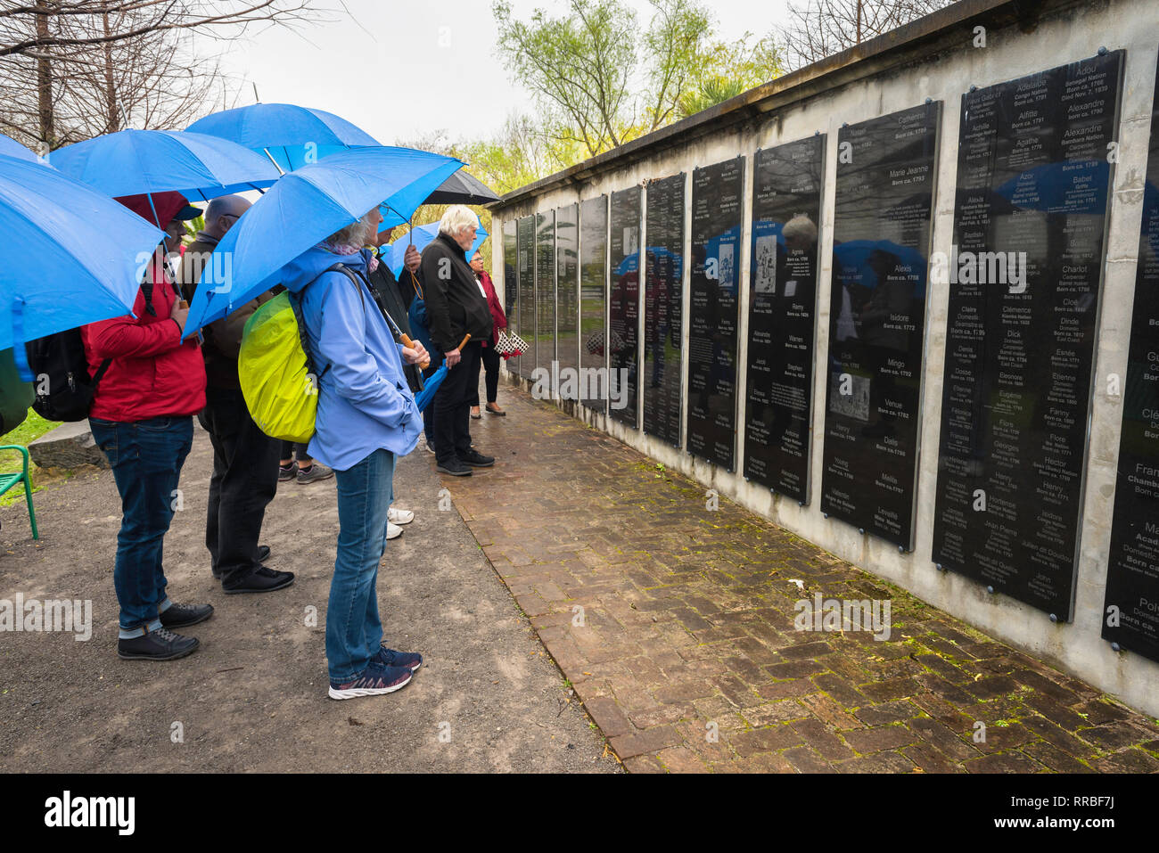 Eine Reisegruppe im Regen am Whitney Museum Blick auf die Plantage die Wand der Ehre, ein Denkmal mit den Namen von 350 Sklaven, die auf der Website gearbeitet, USA Stockfoto