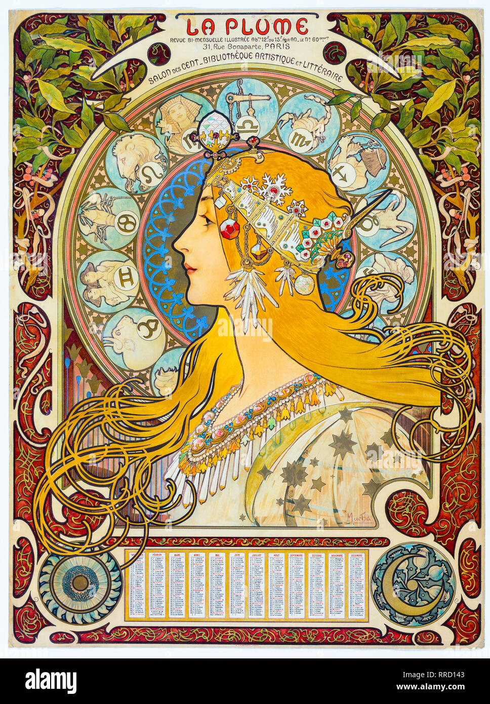 Tierkreis (La Plume) 1896-1897, Alphonse Mucha, Jugendstil, Kalender drucken Stockfoto