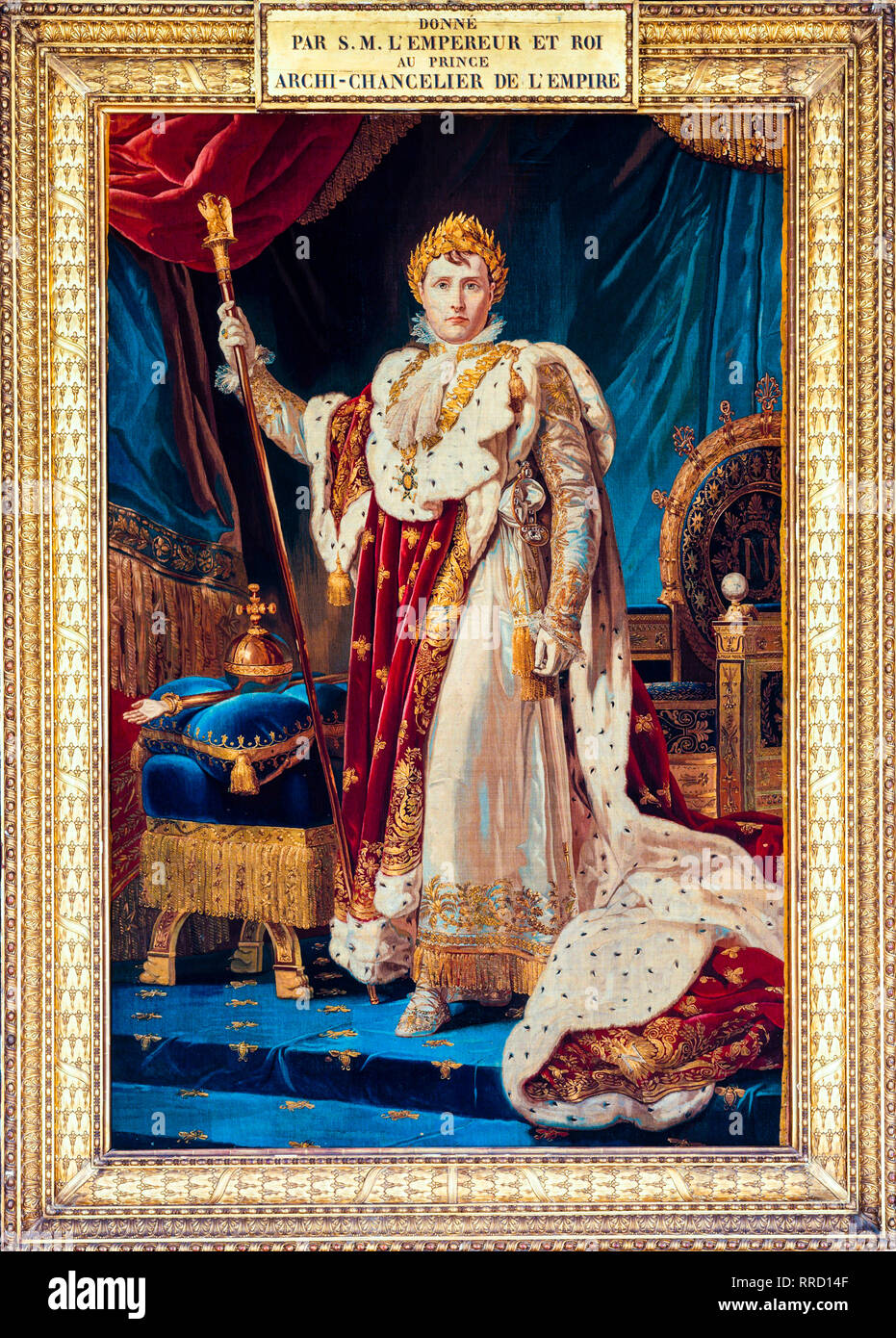 Porträt von Kaiser Napoleon I. in Krönungsroben, Wandteppich, nach einem Gemälde von Baron Francois Gerard, um 1808 Stockfoto