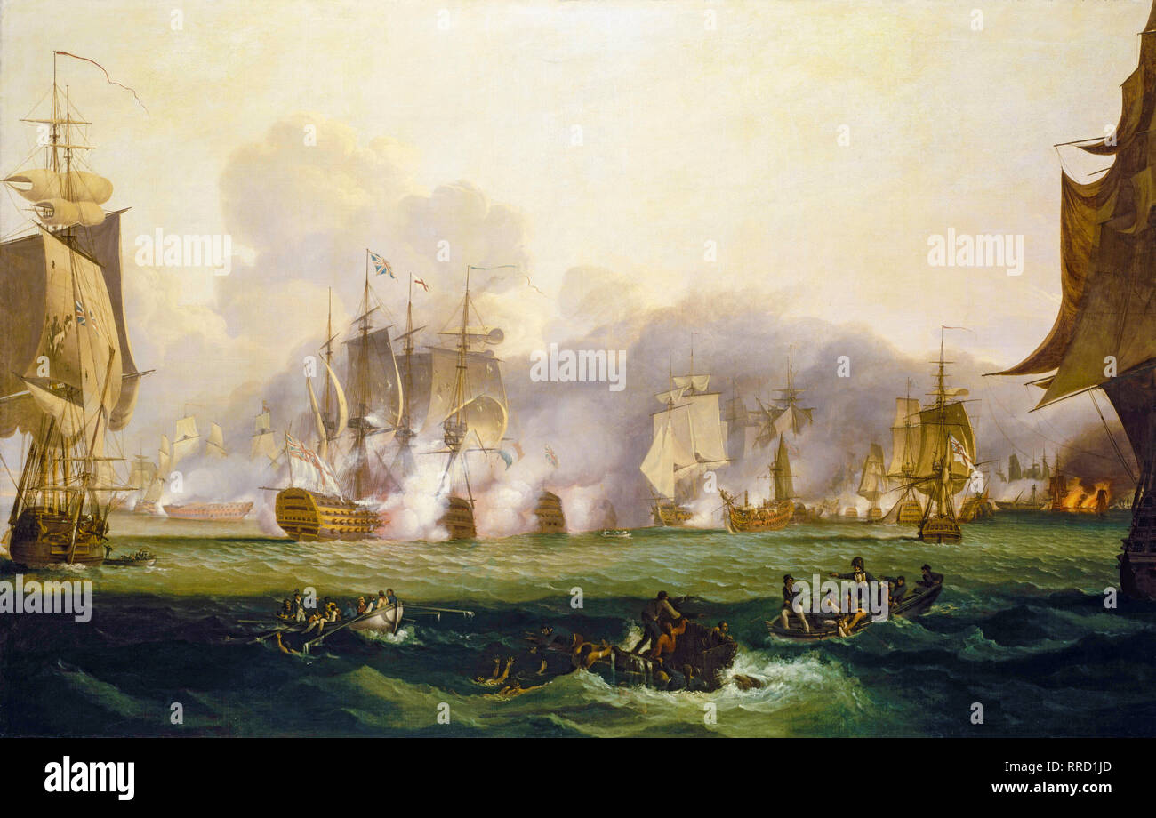 Die Schlacht von Trafalgar (21.. Oktober 1805), Ölgemälde auf Leinwand von Samuel Drummond, 19.. Jahrhundert Stockfoto