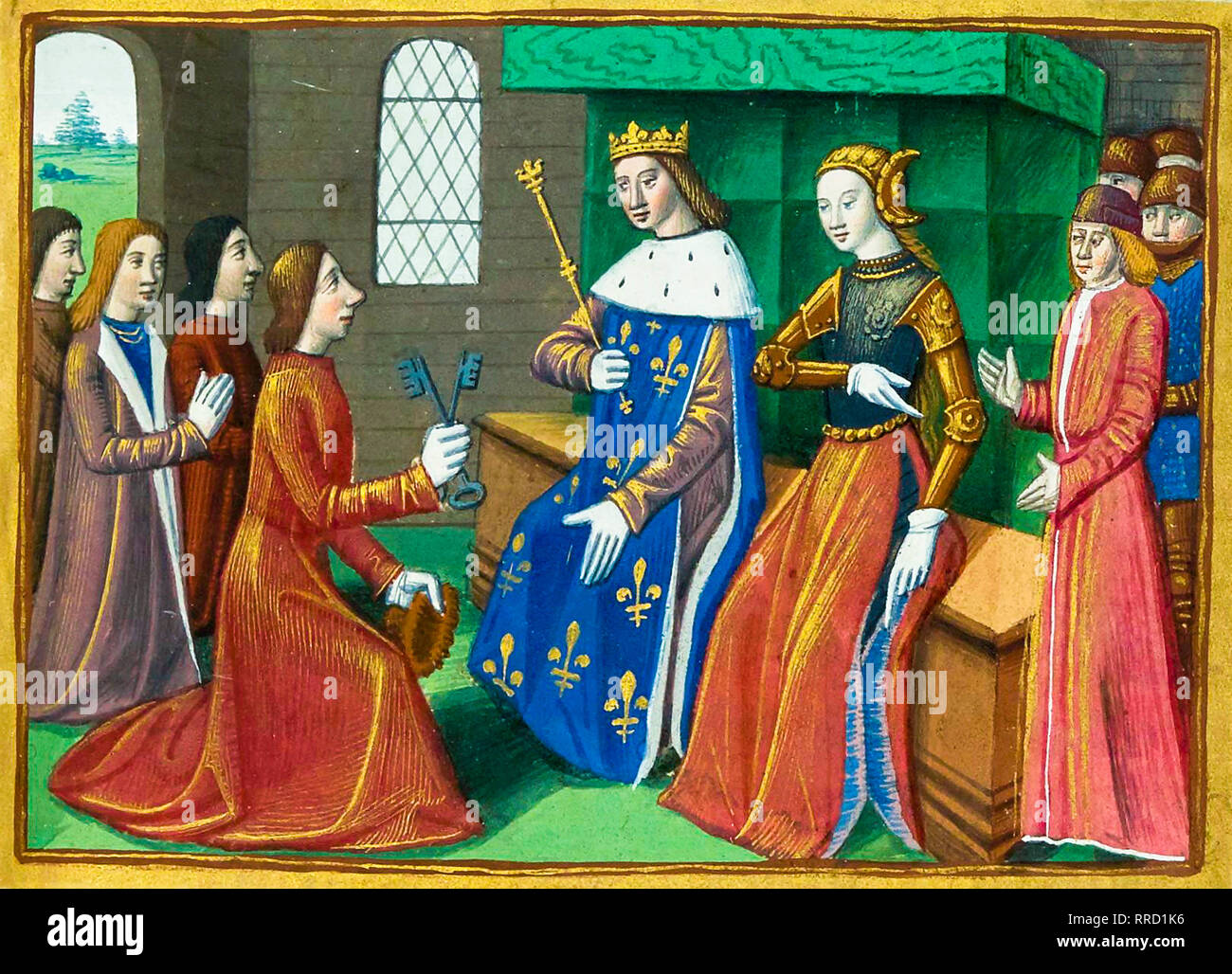 Die Bürger von Troyes übergeben den Stadtschlüsseln an die Dauphin und Jeanne d'Arc, um 1484, Gemälde Stockfoto