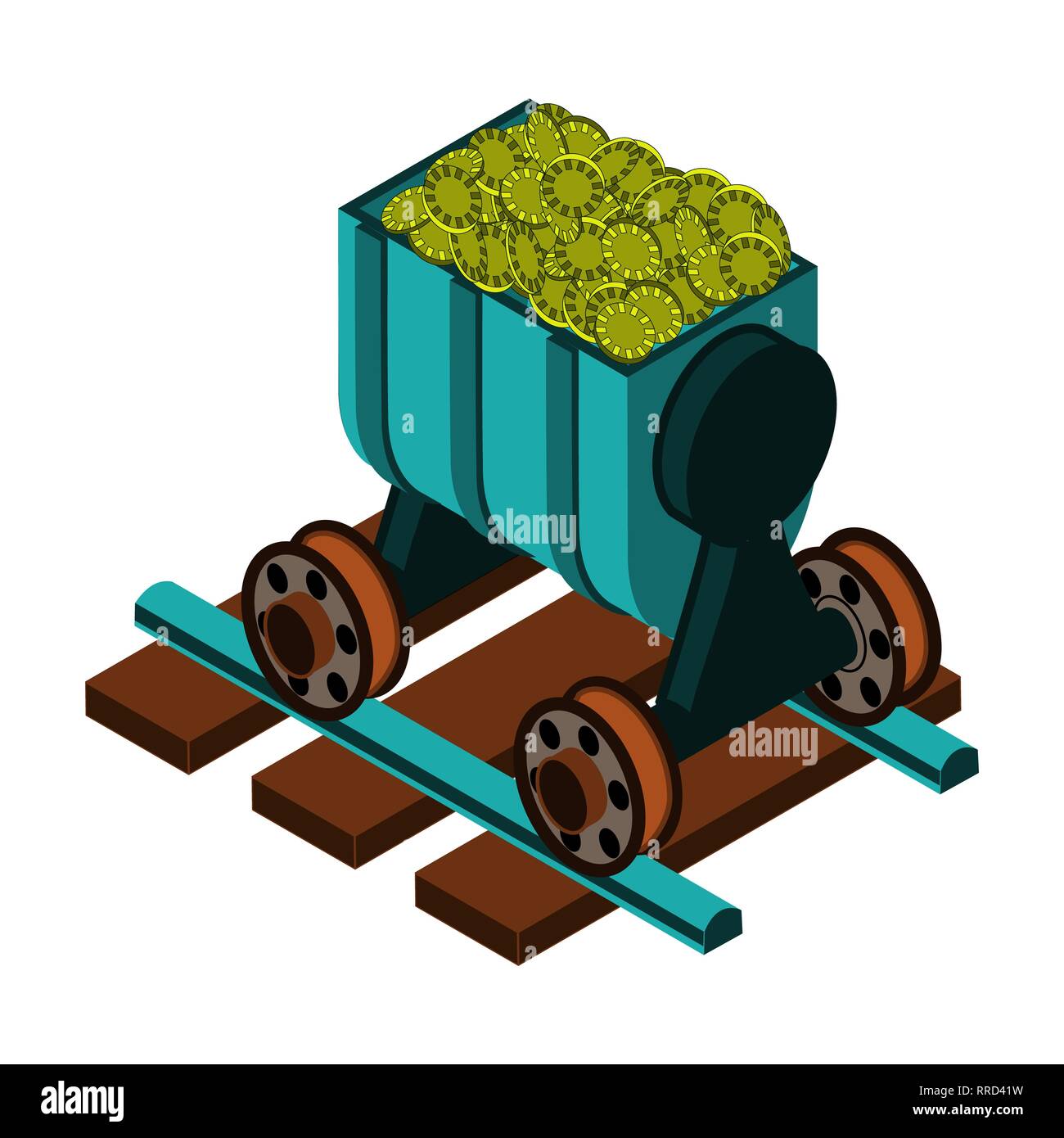 Block Kette crypto Währung Bergbau. Minecart auf Schienen mit Münzen. Konzept der Geldverkehr und Finanzen Resource Exchange. Stockfoto