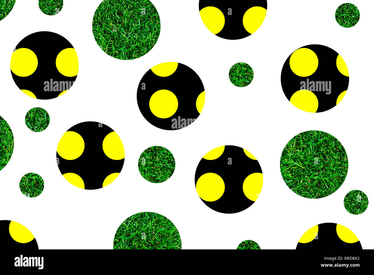 Geometrische Kreise. Den gelben, schwarzen Kugeln. Grüne Kugeln mit Elementen von Gras. Zusammenfassung Hintergrund Stockfoto