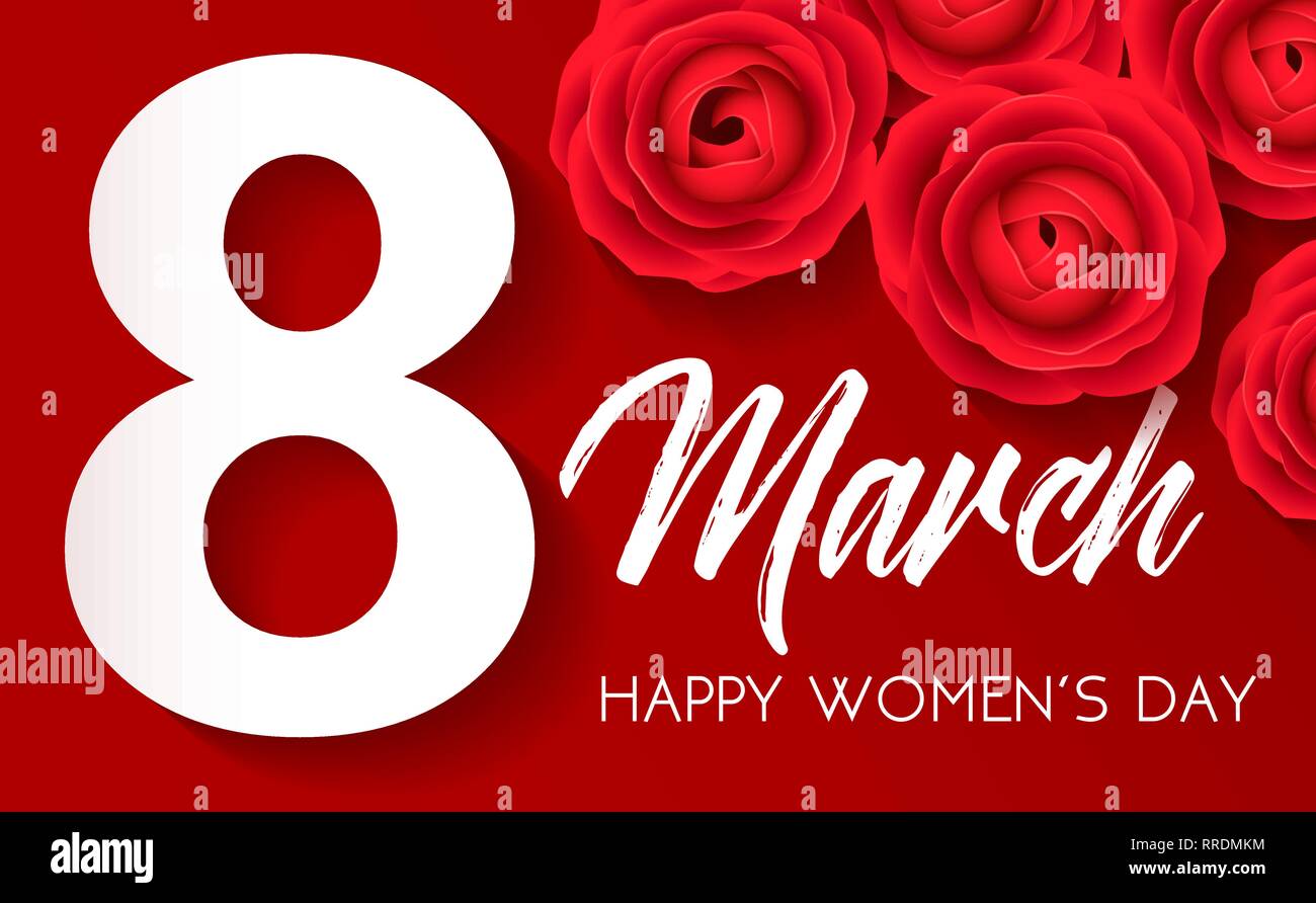 Happy Tag der Frauen - 8. März congratulatory Banner mit rote Rosen auf roten Hintergrund. Weiß, 8 auf Rot. Vector Illustration. Stock Vektor