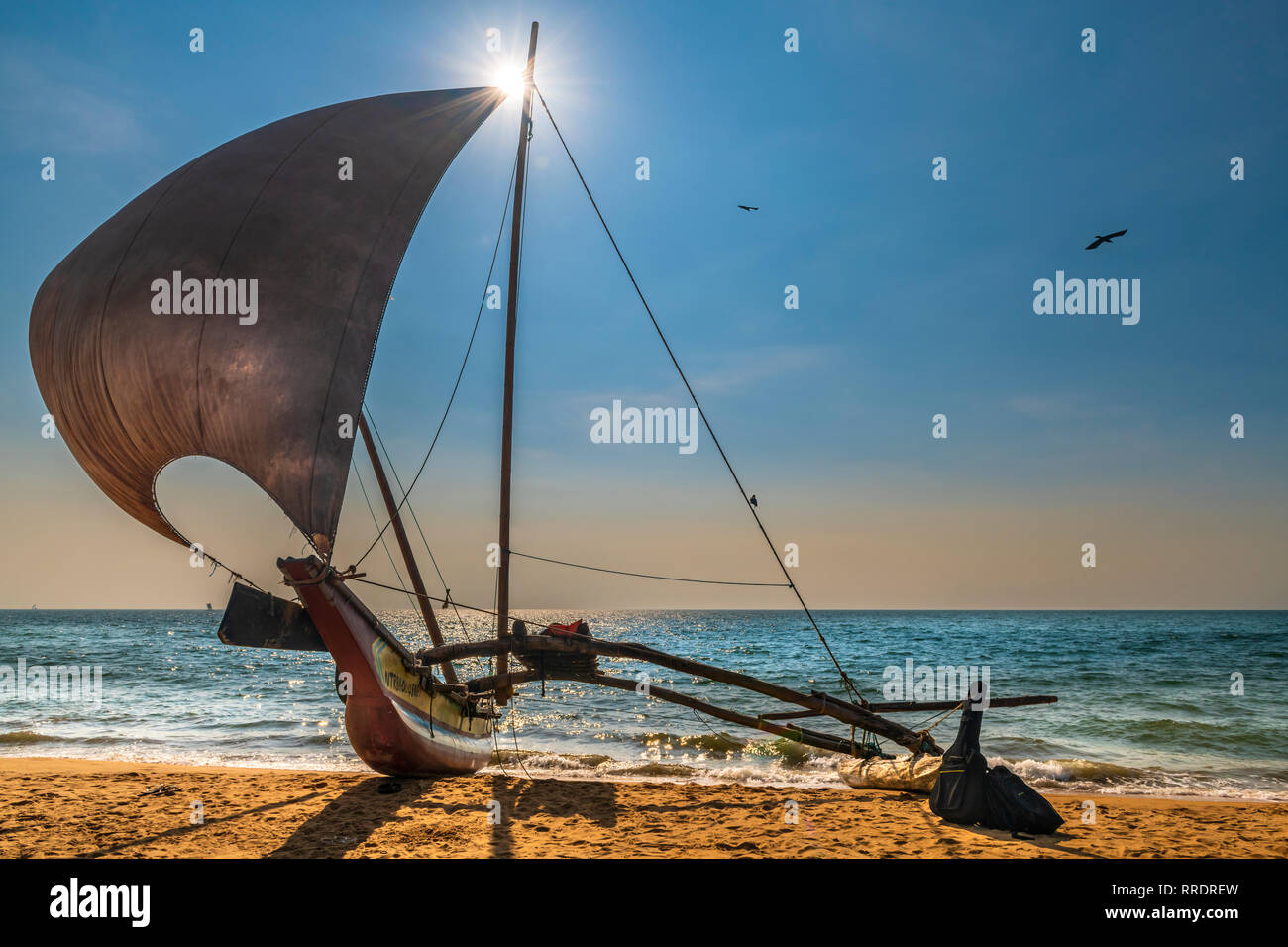 Eine Oruwa Fischerboot sitzt in der prallen Sonne am Strand von Negombo mit Blick auf den Indischen Ozean. Aus schmalen canoestopped durch einen enormen sa Stockfoto