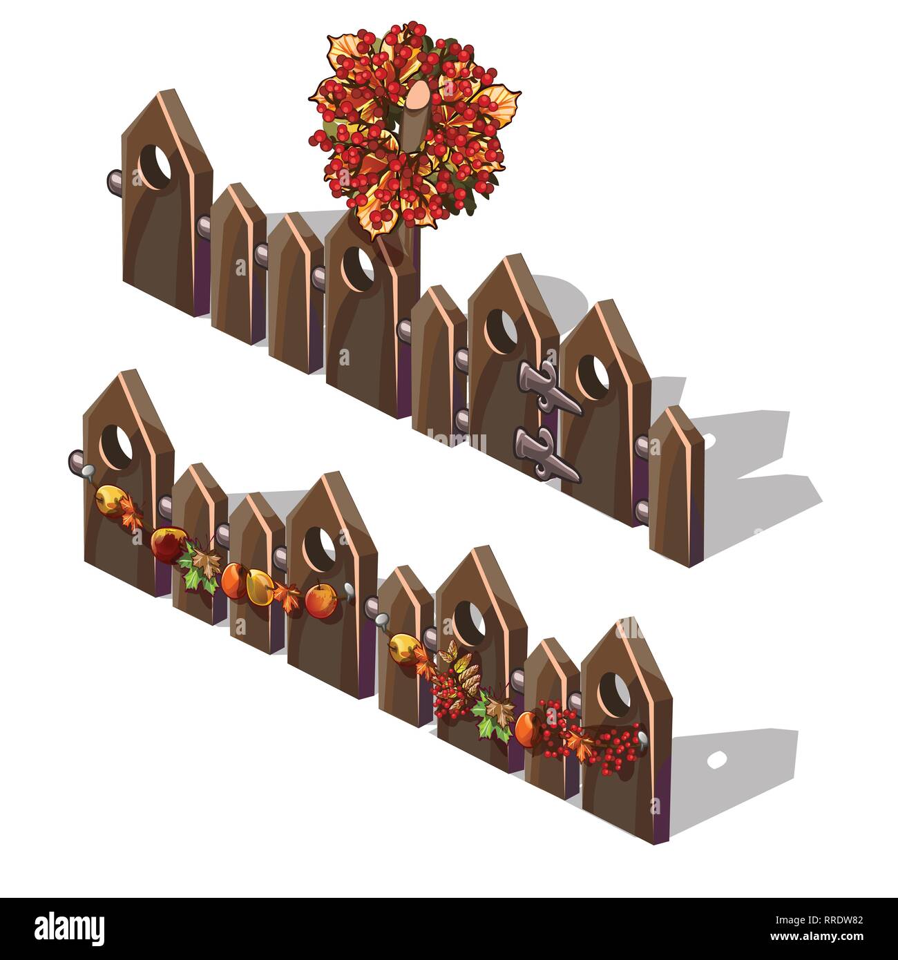 Eine Reihe von Fragmenten von einem Holzzaun mit frischen Herbst Früchte und Kranz der Herbst Bäume Blätter mit Beeren Holly auf Weiß isoliert Stock Vektor