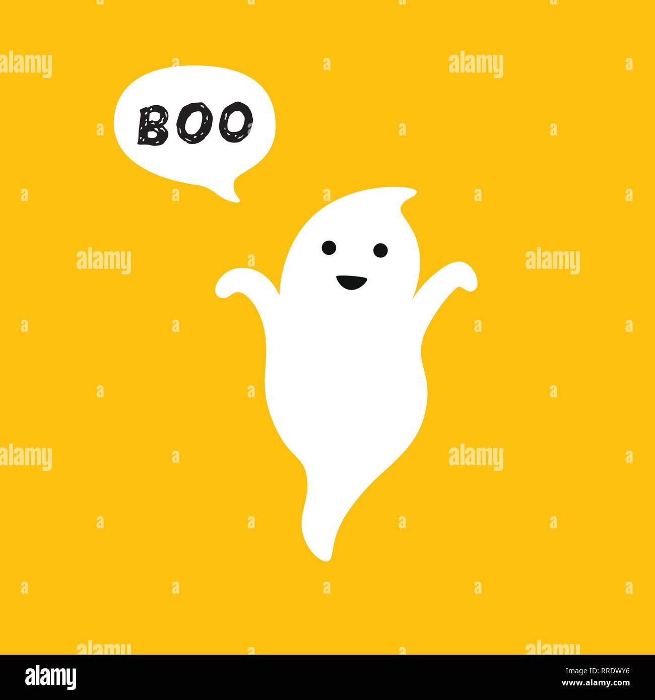 Happy flying Ghost mit weißen Sprechblase Buh. Lächelndes Gesicht, Hände. Flache Bauform. Stock Vektor