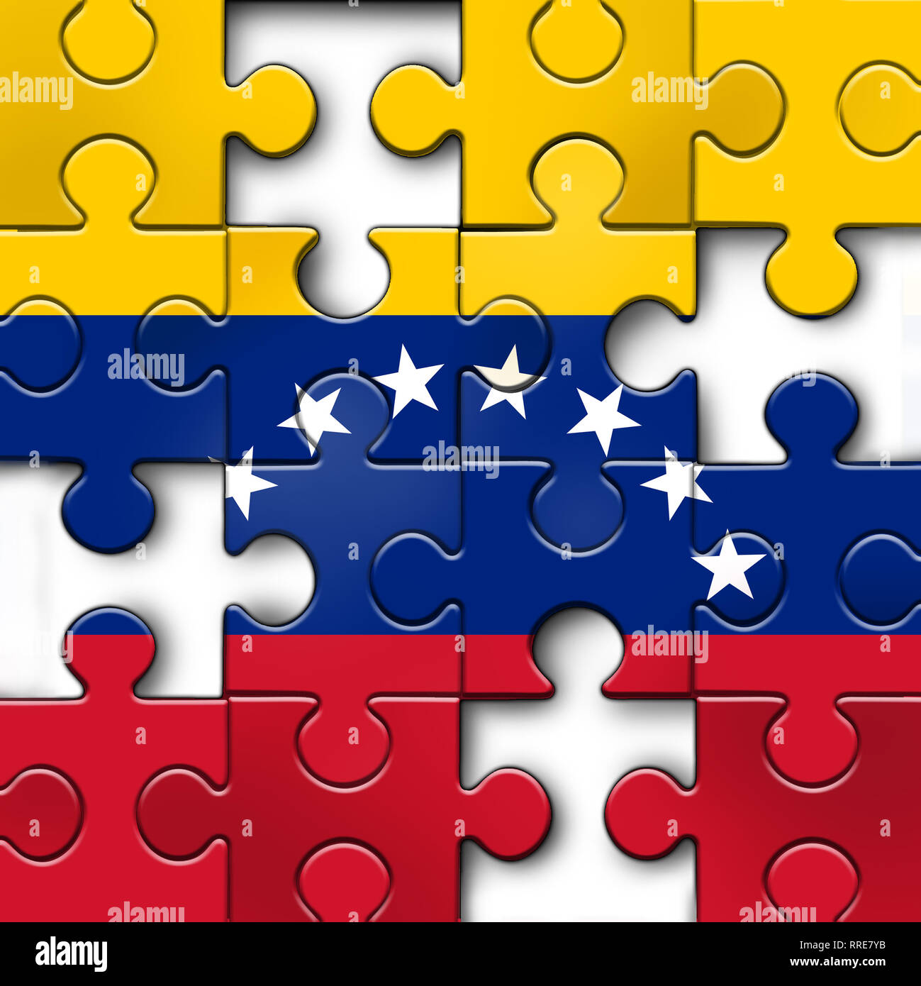 Venezuela politische Herausforderung und der Krise oder der venezolanischen Politik als Unsicherheit in Caracas und ein Puzzle mit der Flagge. Stockfoto