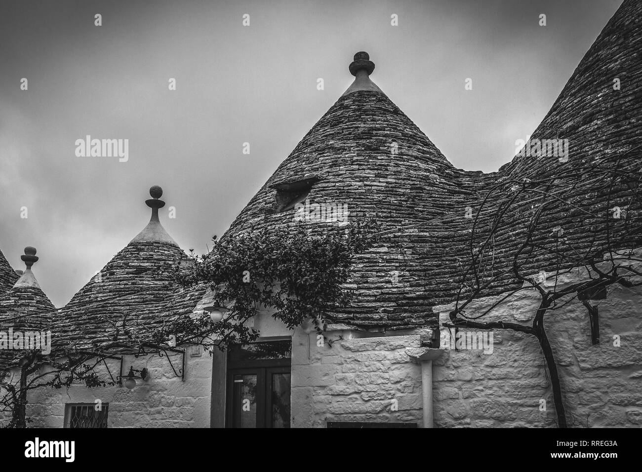 Schwarz und Weiß auf dem Dach eines Trulli von Alberobello an einem regnerischen Tag, Apulien, Italien Stockfoto