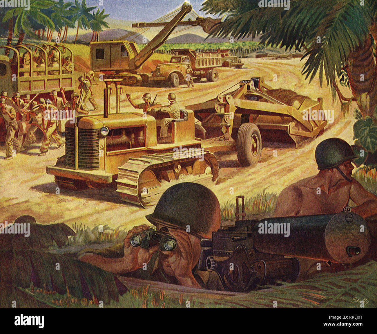 Machine Gunner wachen militärischen Baustelle. Stockfoto