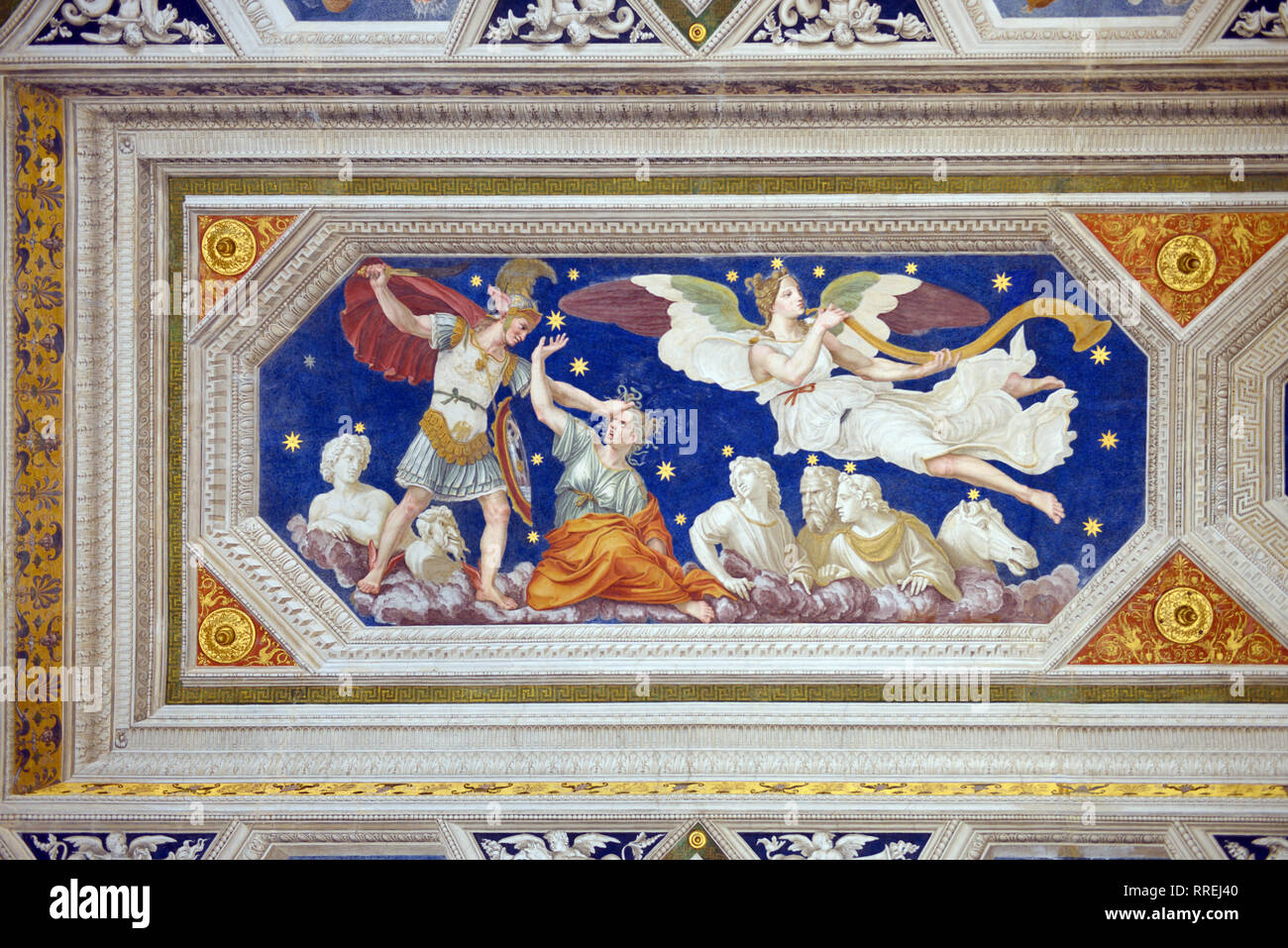 Bemalte Decke des Sternbild Perseus (1511) von Baldassare Peruzzi, Loggia von Galatea, Renaissance Villa Farnesina Trastevere, Rom, Italien Stockfoto