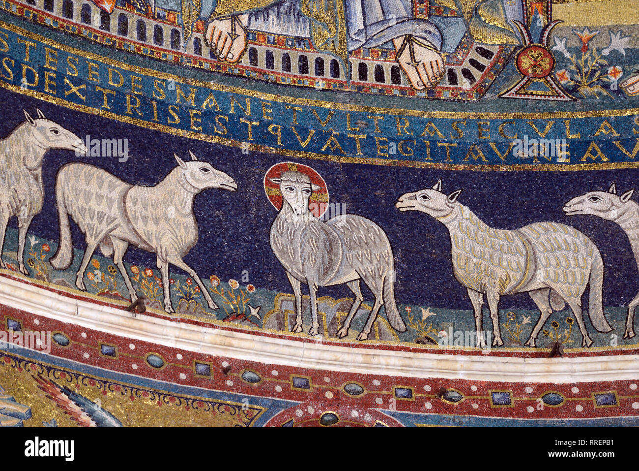 Mittelalterliche Schafe Mosaiken von Pietro Cavallini in der Kirche oder Bailica von Santa Maria in Trastevere, Rom, Italien. Die Schafe sind die zwölf Apostel. Stockfoto