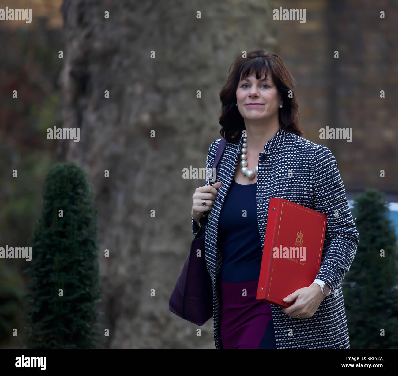 London, Großbritannien. 26 Feb, 2019. Staatsminister für Energie und Wachstum der Rt Hon Claire Perry MP kommt für die wöchentliche Kabinettssitzung am 10 Downing Street in London. Premierminister, Theresa May, wird erwartet, um eine Aussage zu MPs später heute mit wachsenden Erwartungen, dass sie einen Kompromiss, um zu verhindern, dass eventuelle Rücktritte bieten zu geben. Credit: Keith Larby/Alamy leben Nachrichten Stockfoto