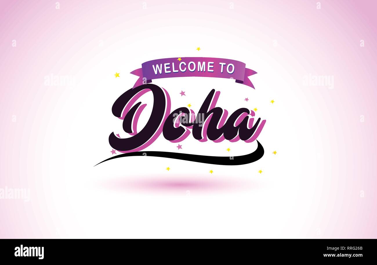 Doha Willkommen bei kreativen Text handgeschriebene Schrift mit Lila Rosa Farben Design Vector Illustration. Stock Vektor