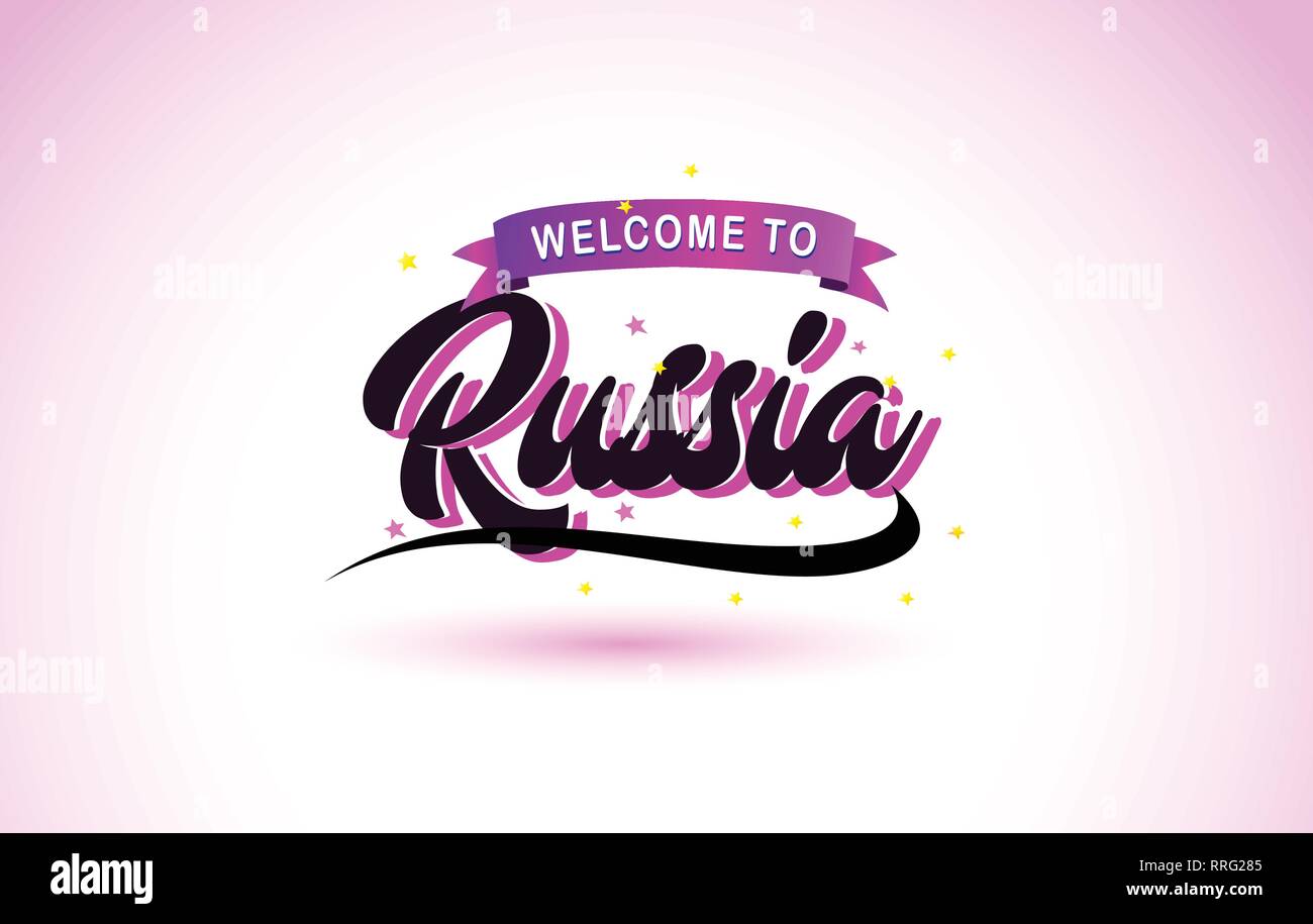 Russland Willkommen bei kreativen Text handgeschriebene Schrift mit Lila Rosa Farben Design Vector Illustration. Stock Vektor
