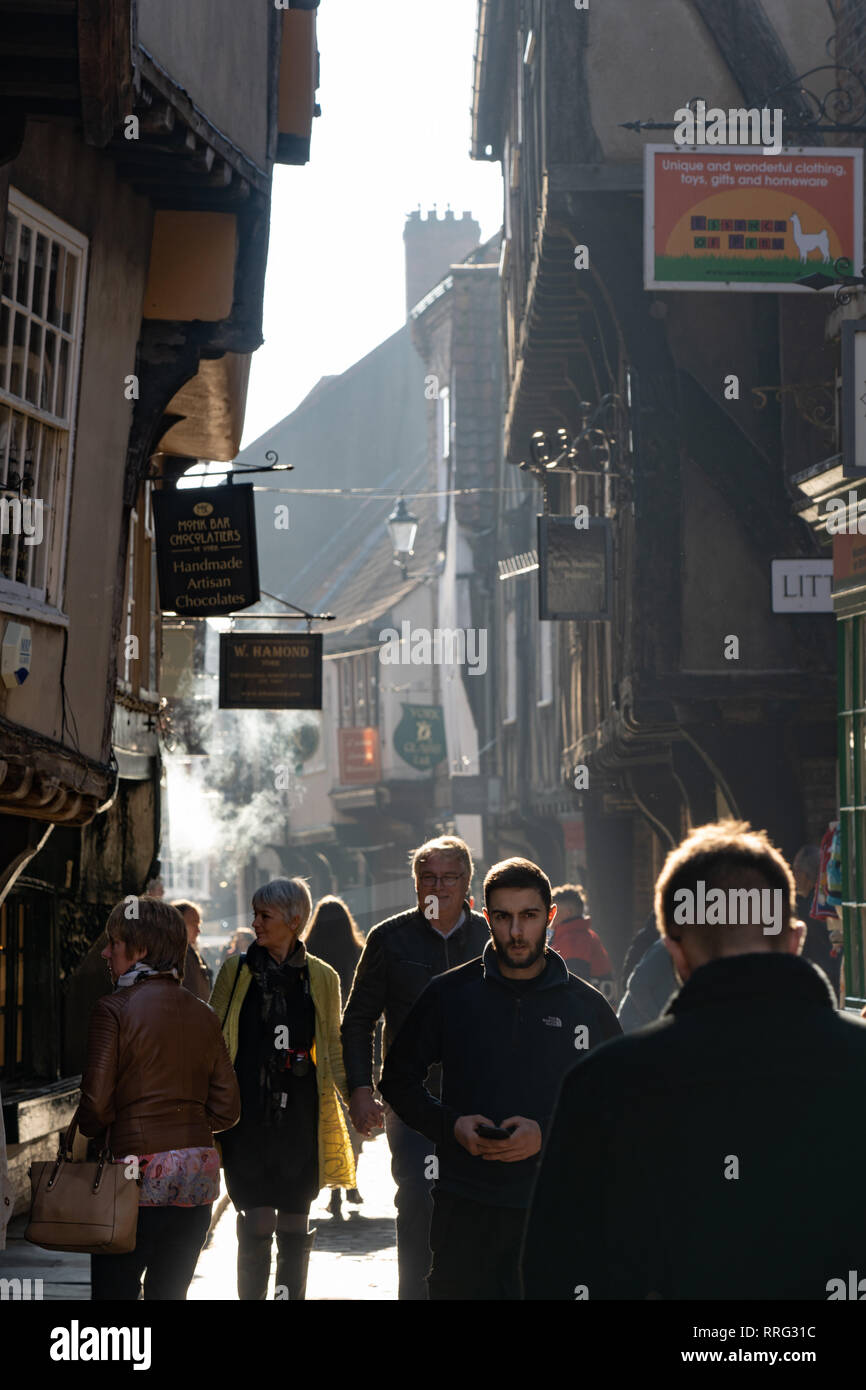 Mittelalterliche schmale Straße mit Einkäufern, die entlang gehen und überhängenden Gebäuden, The Shambles, York, North Yorkshire, England, VEREINIGTES KÖNIGREICH. Stockfoto