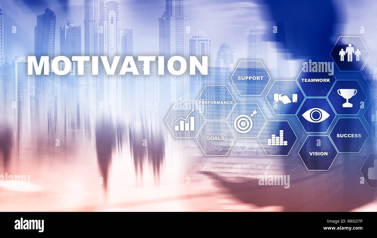 Motivation Konzept mit den Elementen. Business Team. Finanzkonzept auf verschwommenen Hintergrund. Mixed Media. Stockfoto