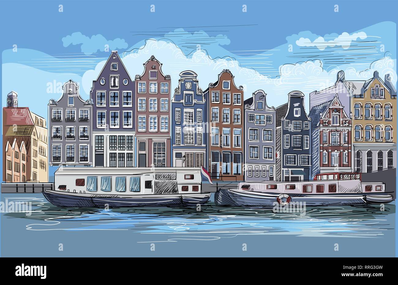 Stadtbild mit Häuser am Flussufer. Kanal von Amsterdam, Niederlande. Wahrzeichen von Niederlande. Bunte vektor Gravur Abbildung. Stock Vektor