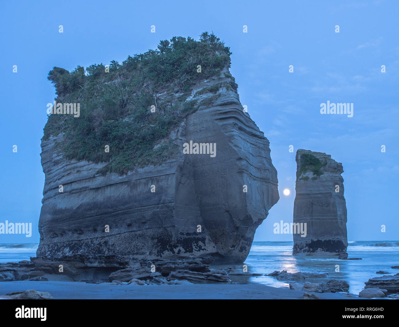 Rock Stacks und Feder Mond, in der Dämmerung, Meer Strand bei Ebbe, Tongaporutu, Taranaki, Neuseeland Stockfoto