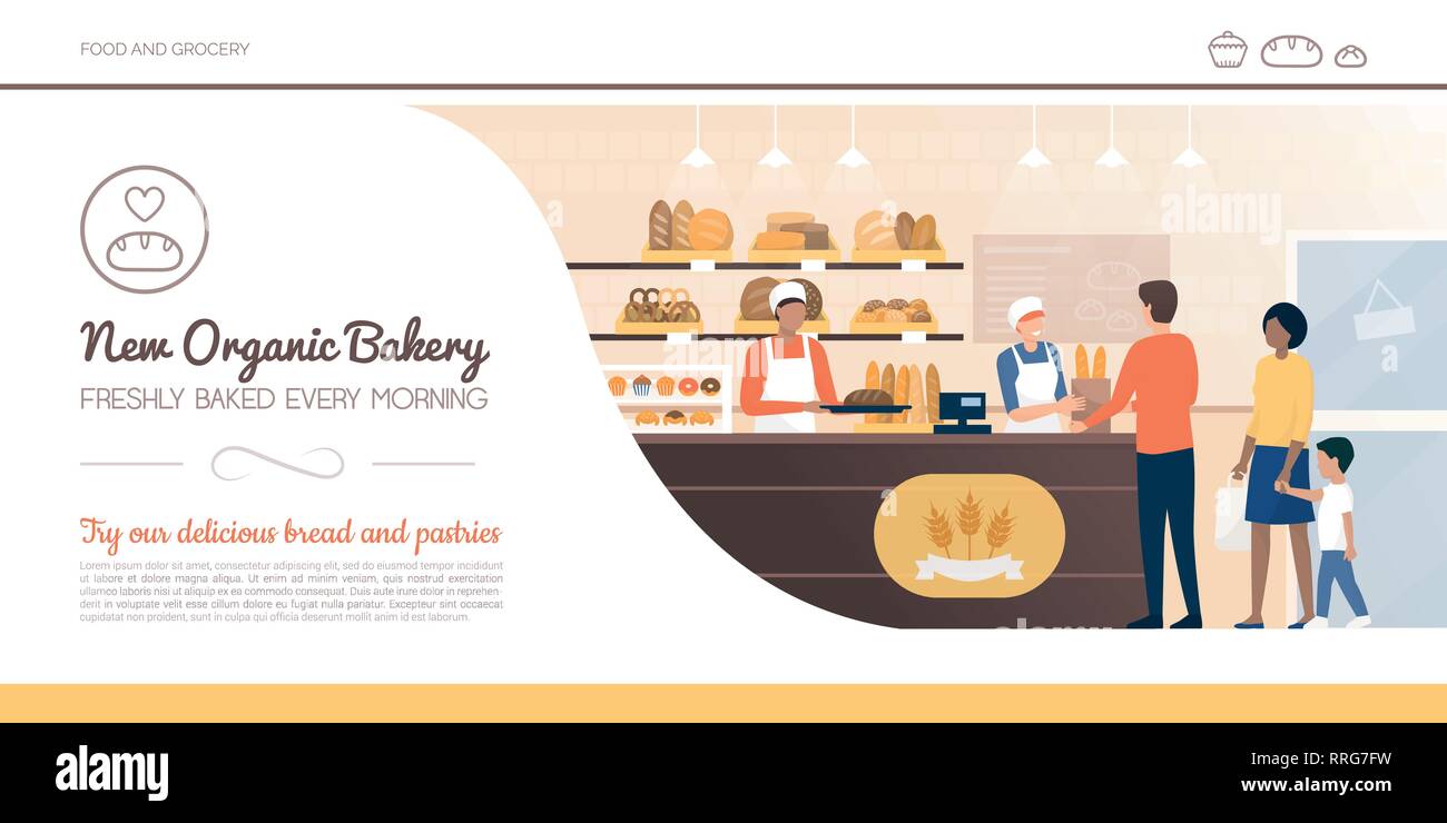 Happy Family kaufen frisches Brot in der Bäckerei und Menschen: Lebensmittel Einzelhandel und Lifestyle Konzept Stock Vektor