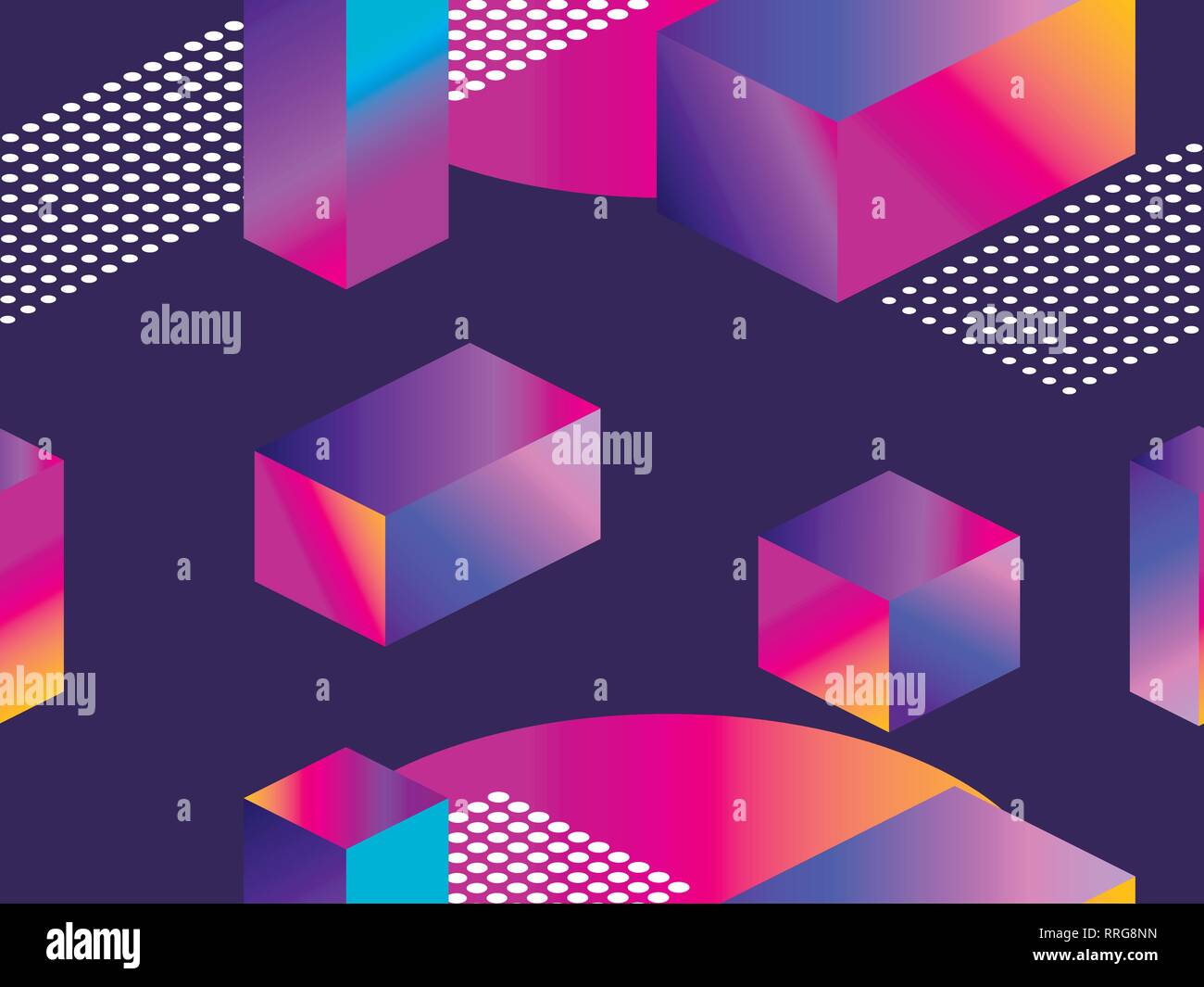 Futuristische nahtlose Muster mit geometrischen Formen. Farbverlauf mit violetten Tönen. Isometrische 3D-Form. Synthwave retro Hintergrund. Retrowave. Vektor illus Stock Vektor