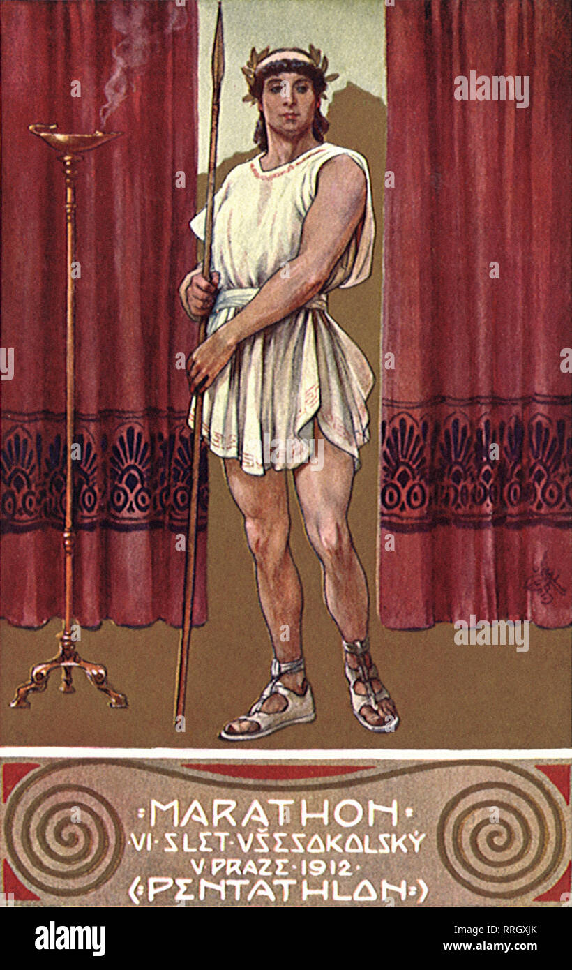 Antike griechische Mann mit Speer für Marathon Pentathlon Poster. Stockfoto