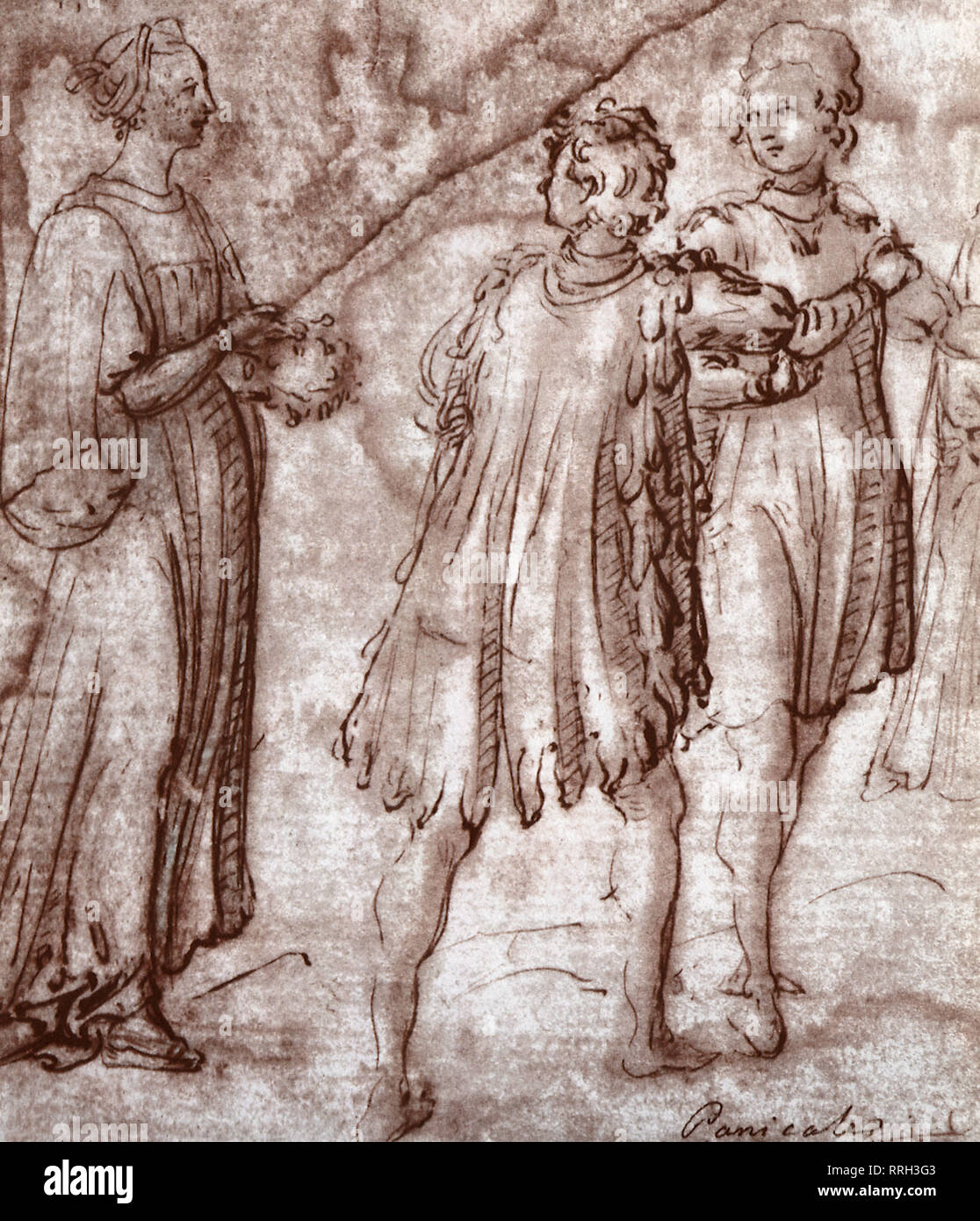 Zwei Jugendliche zahlen Gericht zu einer Dame. Stockfoto