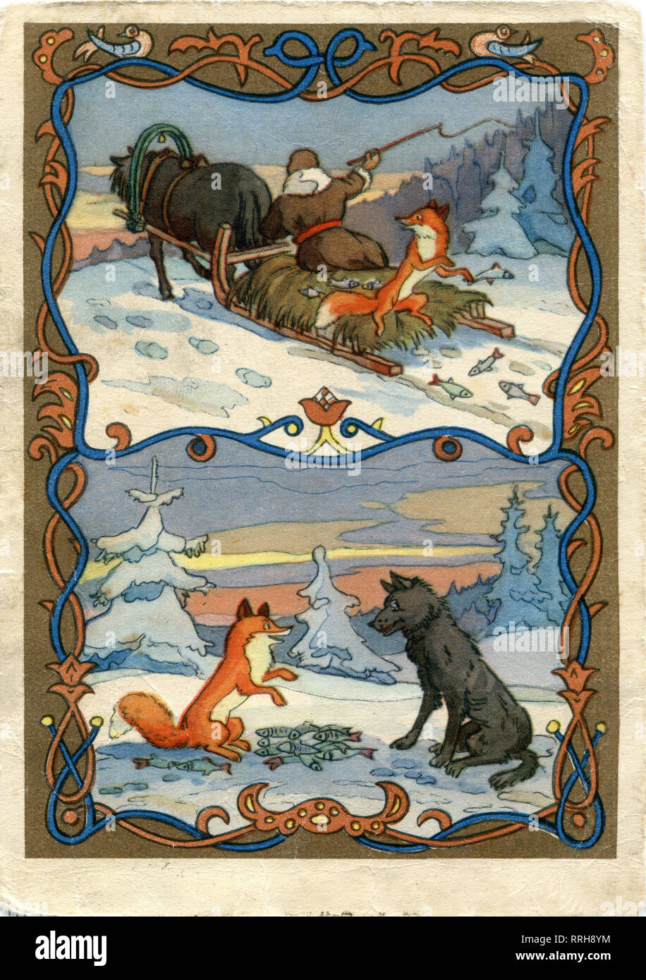Postkarte. Der udssr. 1956. Abbildung volksmärchen "der Fuchs und der Wolf'. Künstler S. Nossow Stockfoto
