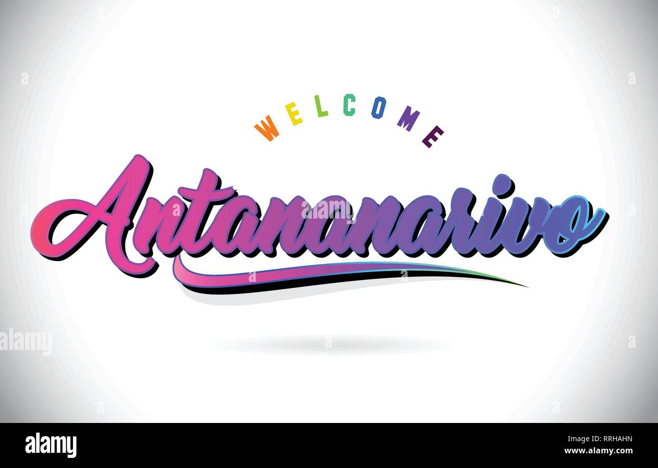 Antananarivo Willkommen bei Wort Text mit Kreativen Lila Rosa handschriftlichen Font und Swoosh Form Design Vector Illustration. Stock Vektor