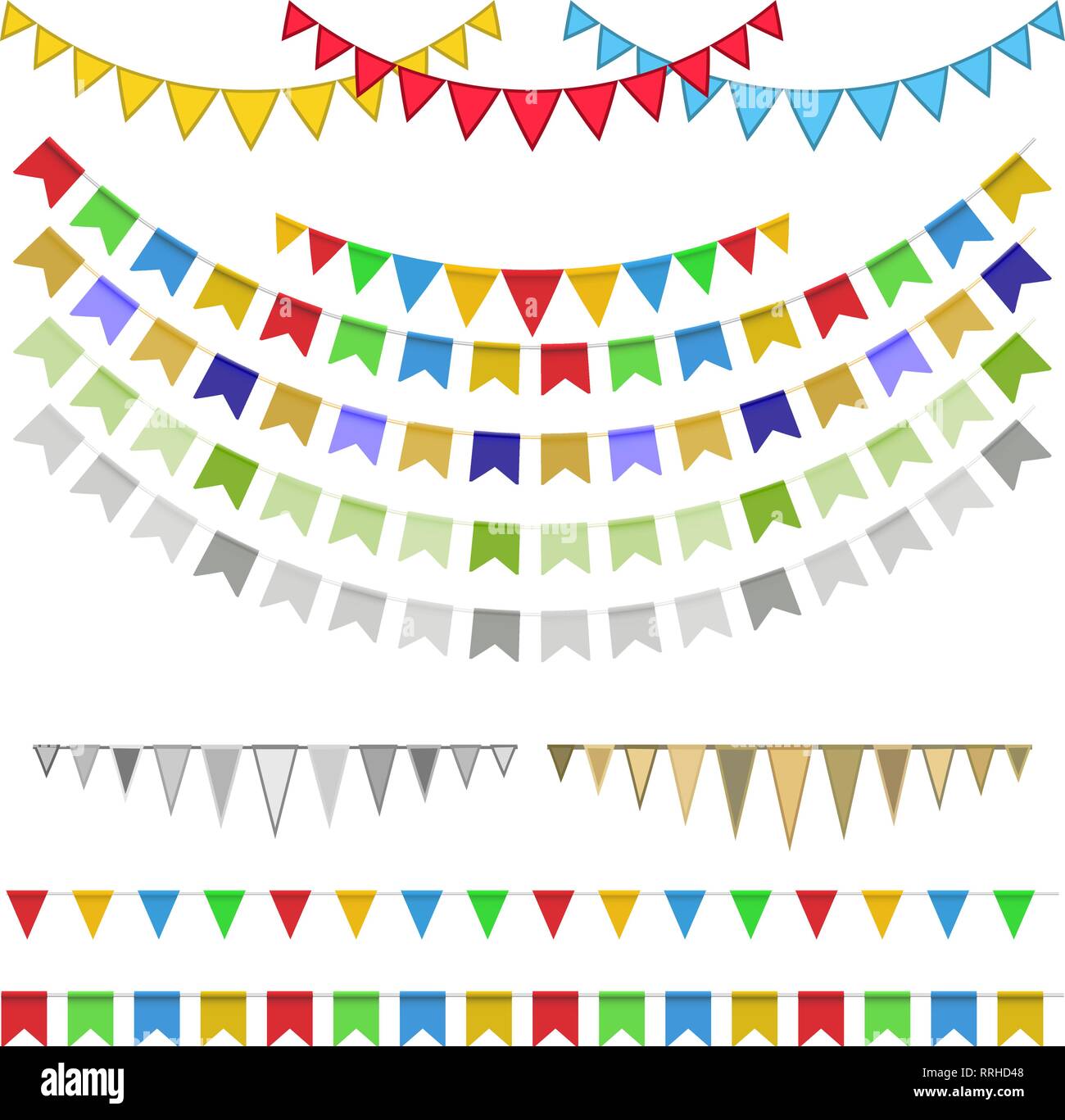 Vector Illustration von bunten Girlanden auf weißem Hintergrund. Karneval Girlande mit Fähnchen. Dekorative bunte party Flags für Geburtstagsfeier Stock Vektor